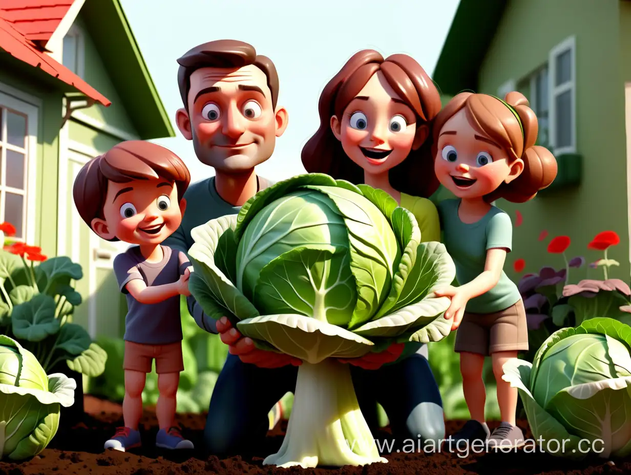 счастливая и красивая семья (мама, папа, двое детей) вырастила у себя на огороде маленькую и очень большую капусту. анимация