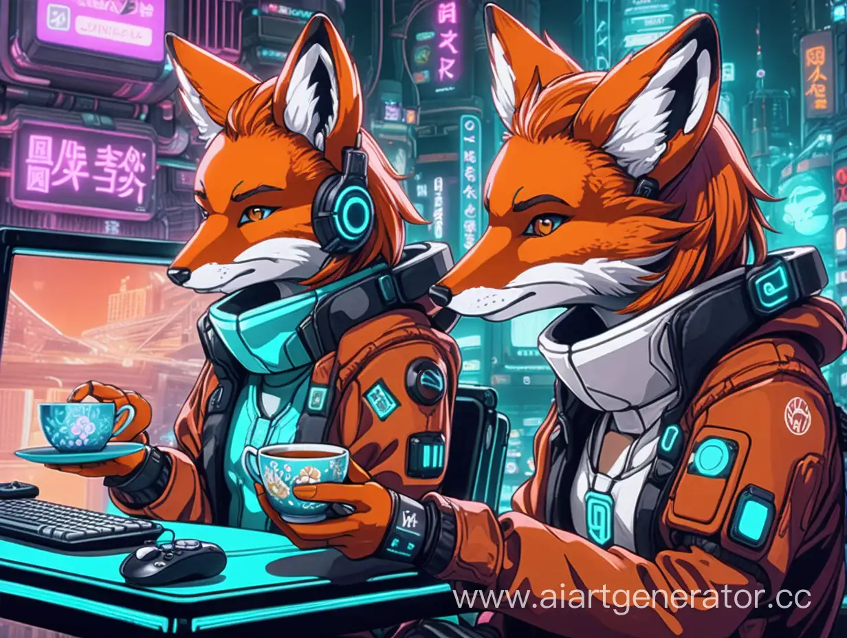 Красивые лисички пьют чай и играют в видеоигры. В стиле киберпанк аниме.