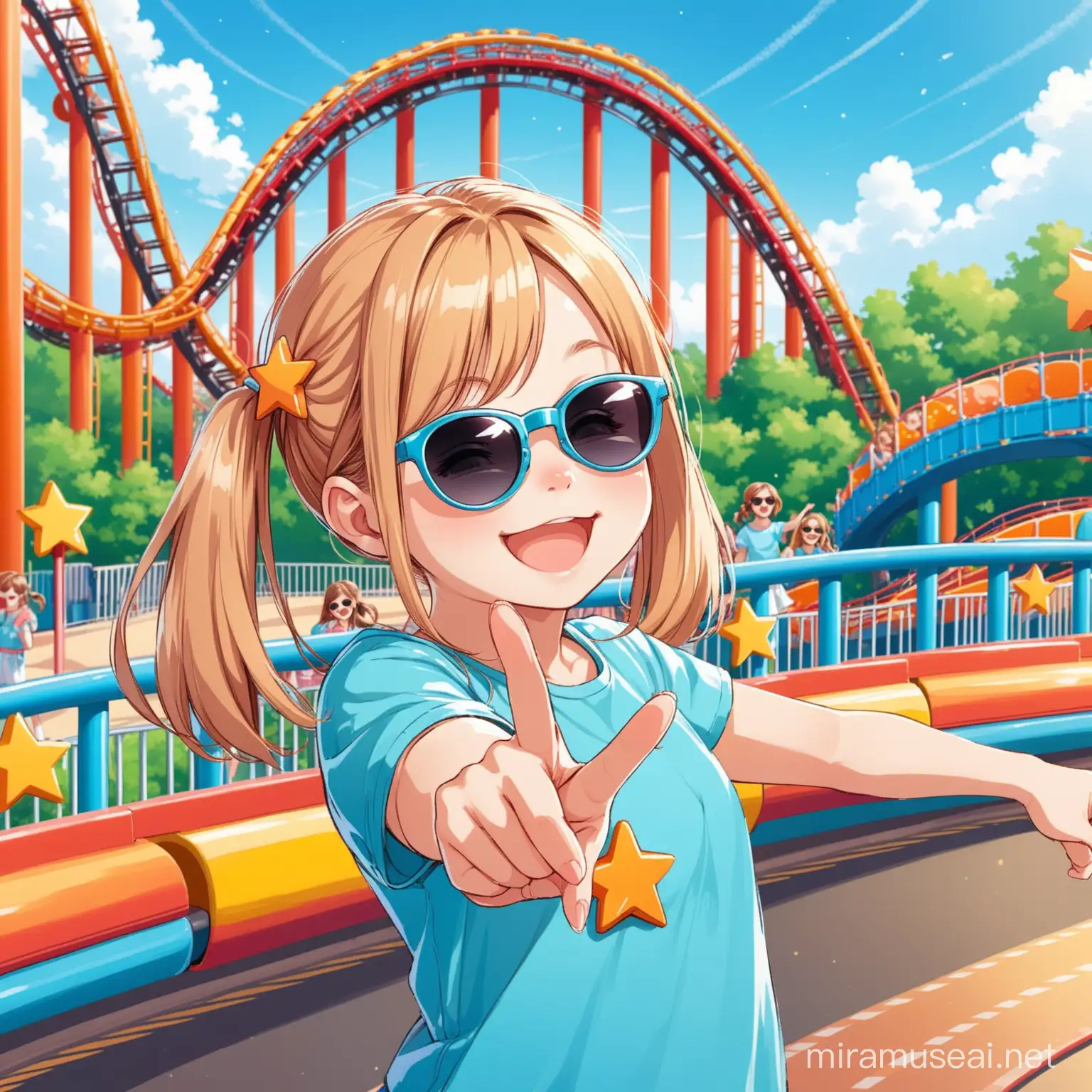 Joyful Young Girl in Sunglasses at Amusement Park Roller Coaster