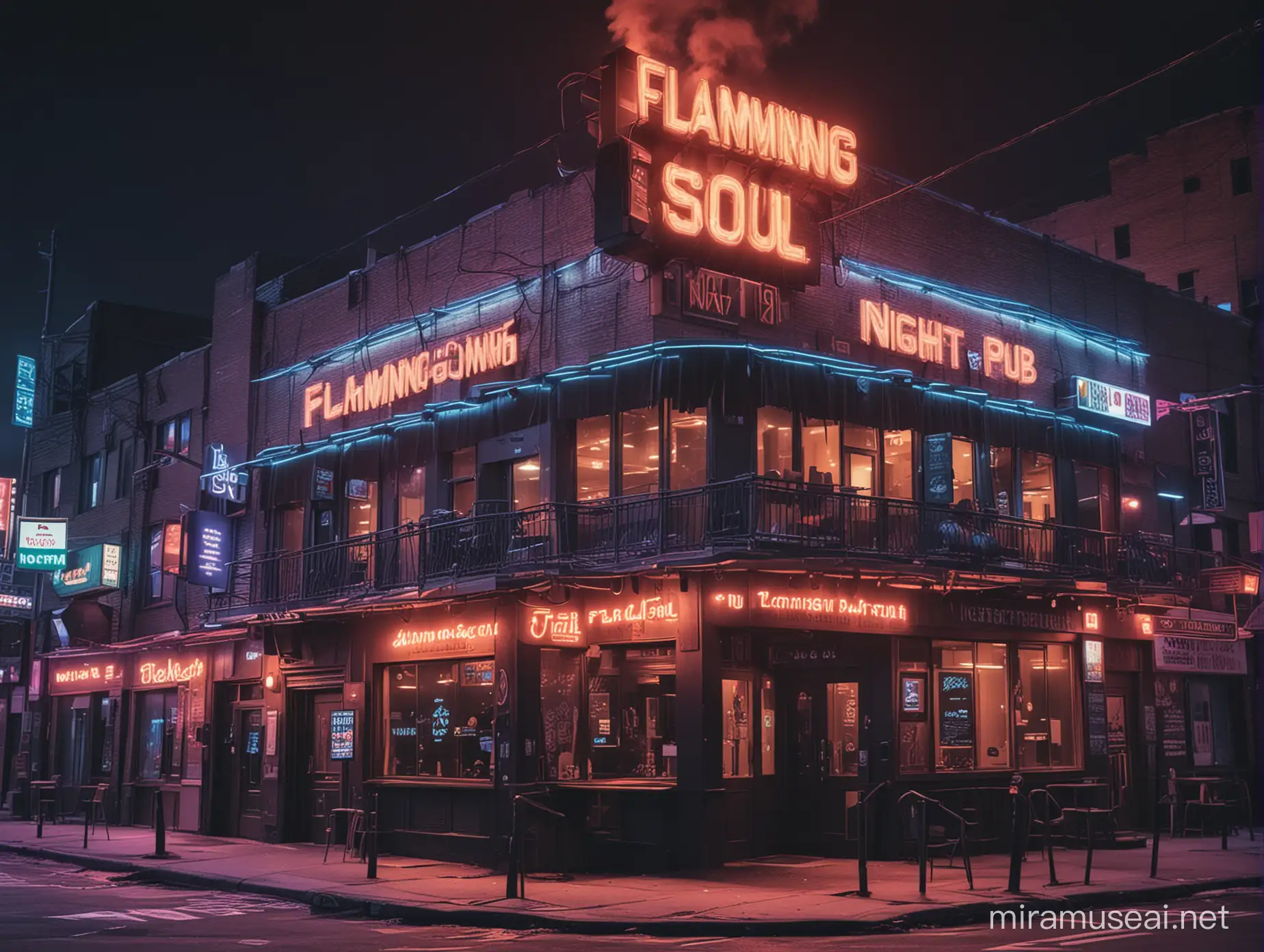 a cyberpunk nightclub with the text "FLAMING SOUL NIGHT PUB" in a cyberpunk New York suburbs