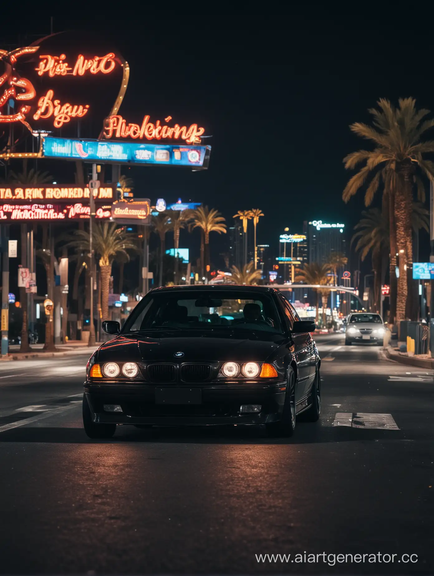 Black-BMW-E38-Driving-Through-NeonLit-Las-Vegas-at-Night