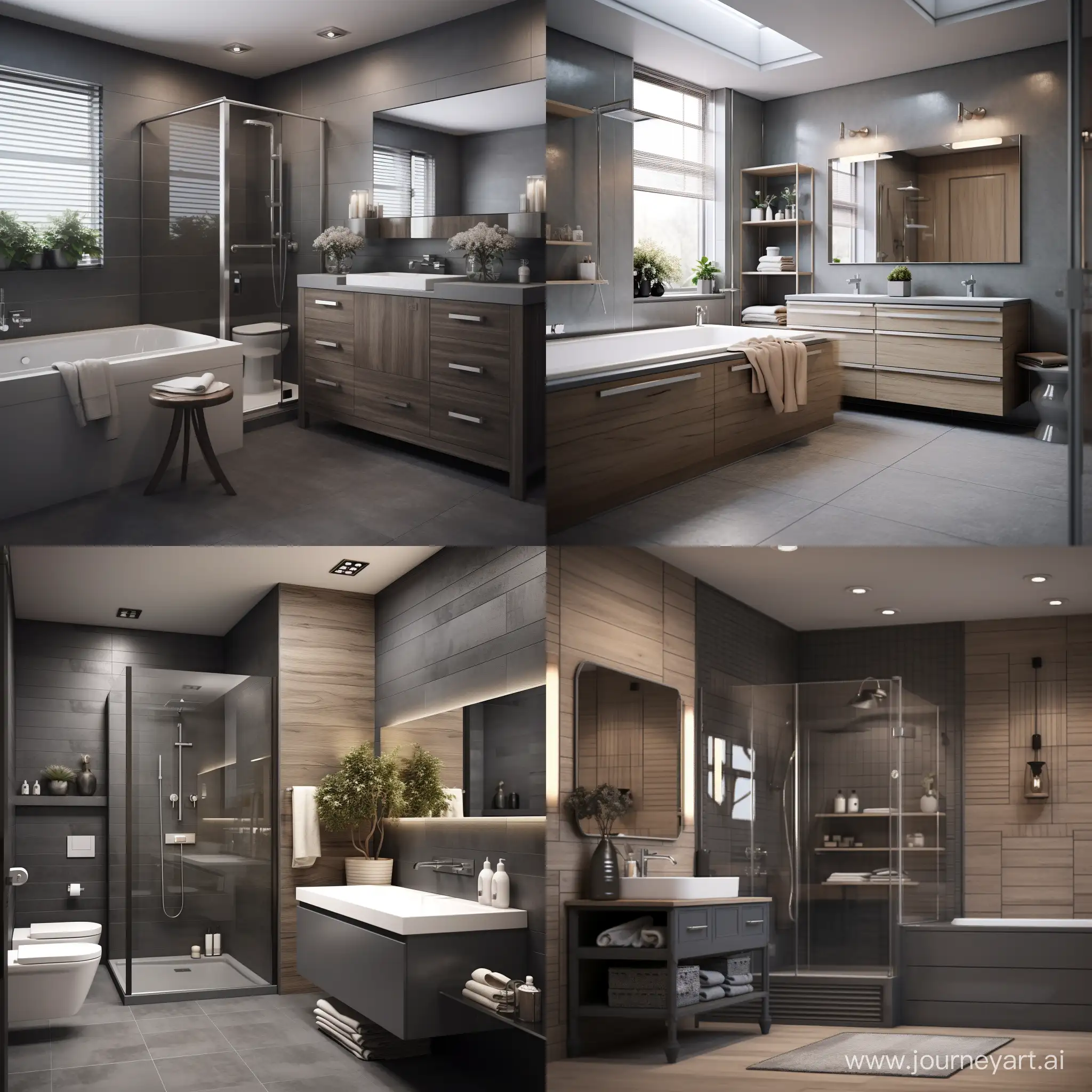 bathroom design in gray tones, with a separate bathroom and using wood in the interior. 4K, realistic, robison --ar 128:128