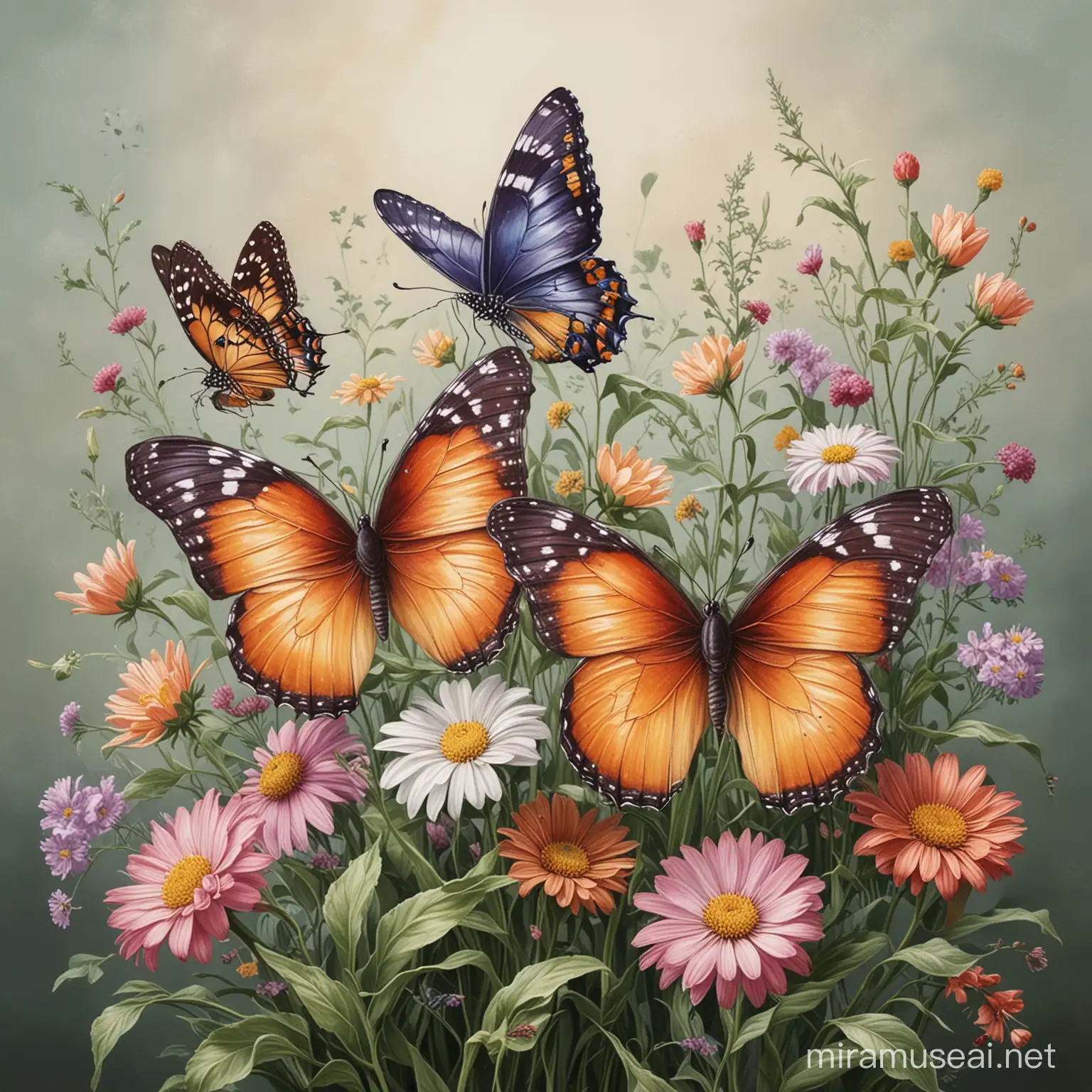 Colorful Flowers with Two Playful Butterflies