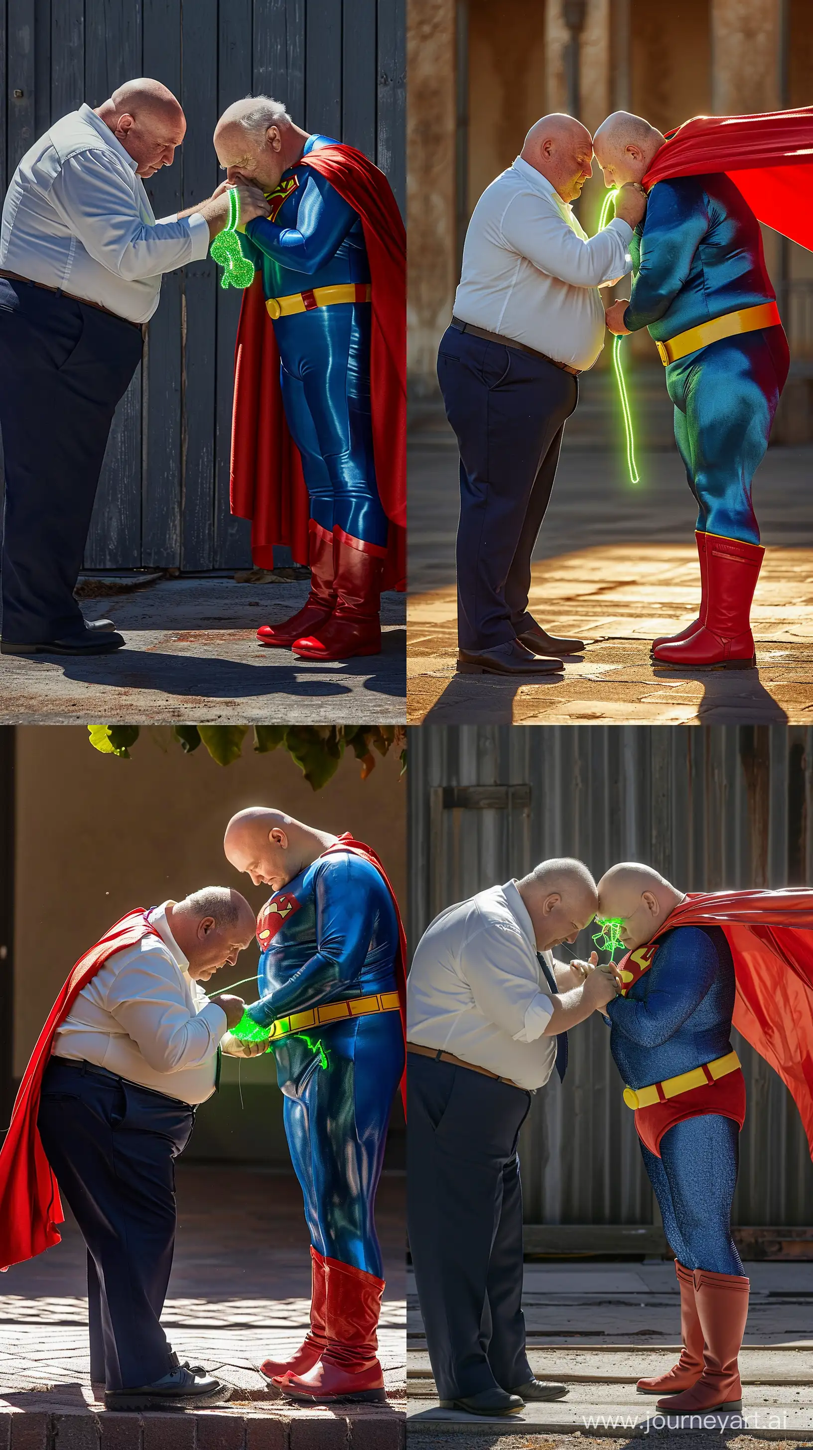 Photo of a chubby man aged 60 wearing navy business pants and a white shirt, bending over and tying a green glowing small short dog collar to the neck of another chubby man aged 60 praying and wearing a silky blue superman costume with a large red cape, red boots, blue shirt, blue pants, yellow belt and red trunks. Outside. Direct Sunlight. Bald. Clean Shaven. --style raw --ar 9:16 --v 6