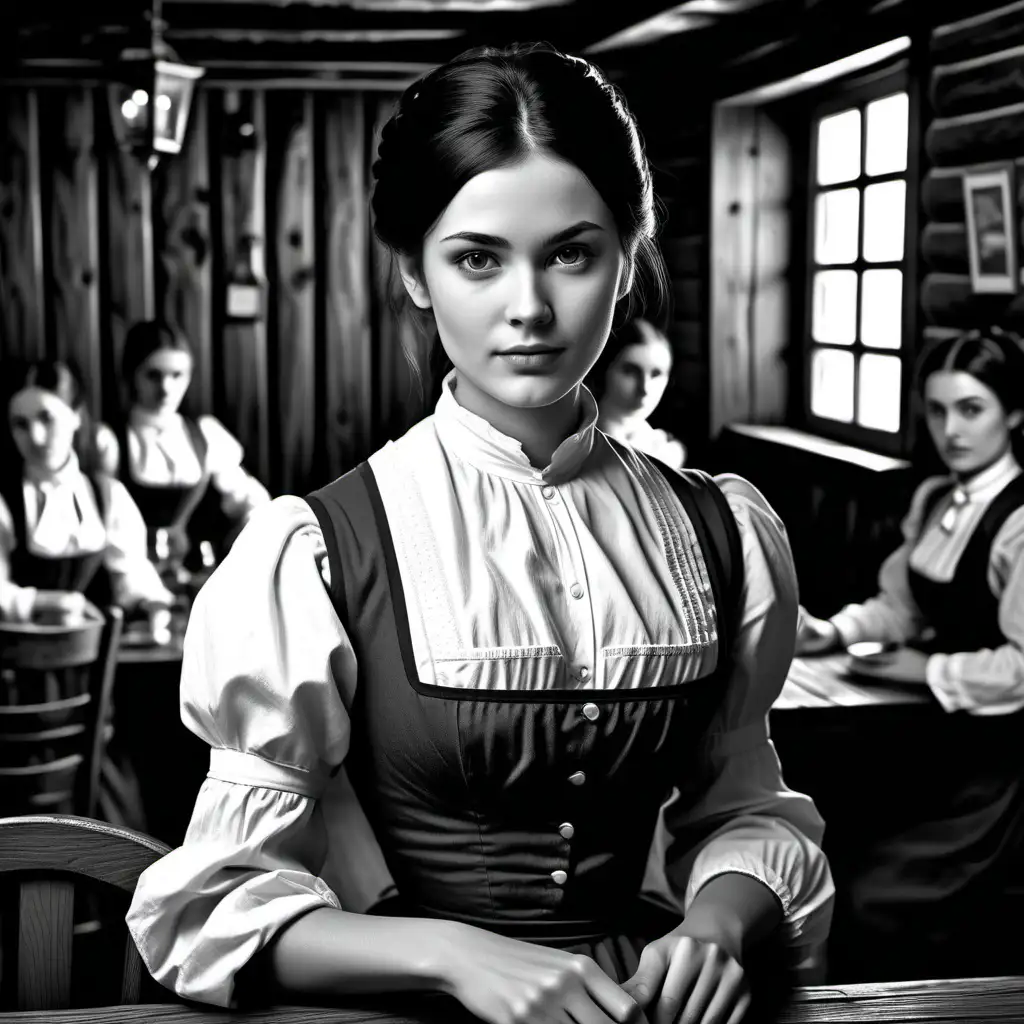 black and white custom line art, young dark haired female waitress dark brown eyes, square shaped face, thin lips, serving tavern visitors, 19 century tavern in Russian Empire, wooden walls tables and chairs