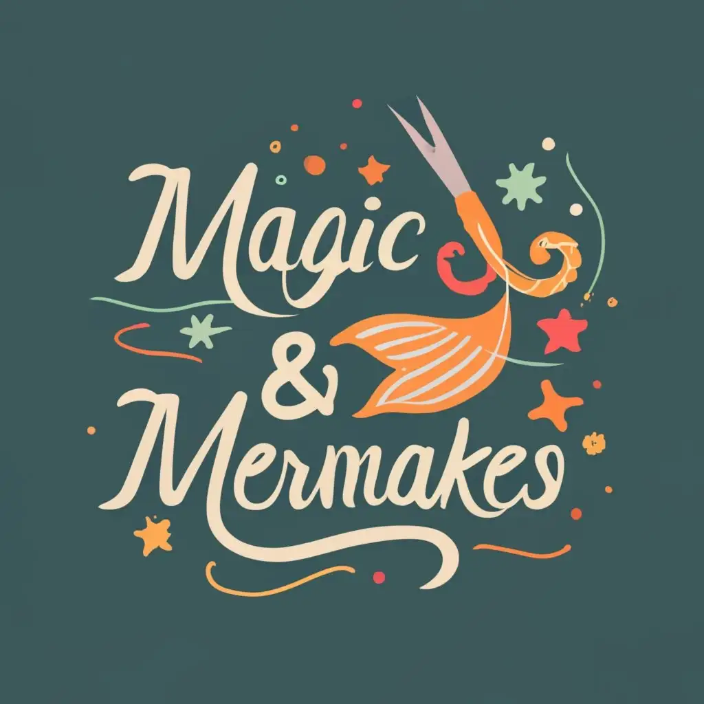 logo, magic, mermaid tail, sewing, thread, needle, with the text "Magic & Mermakes", typography