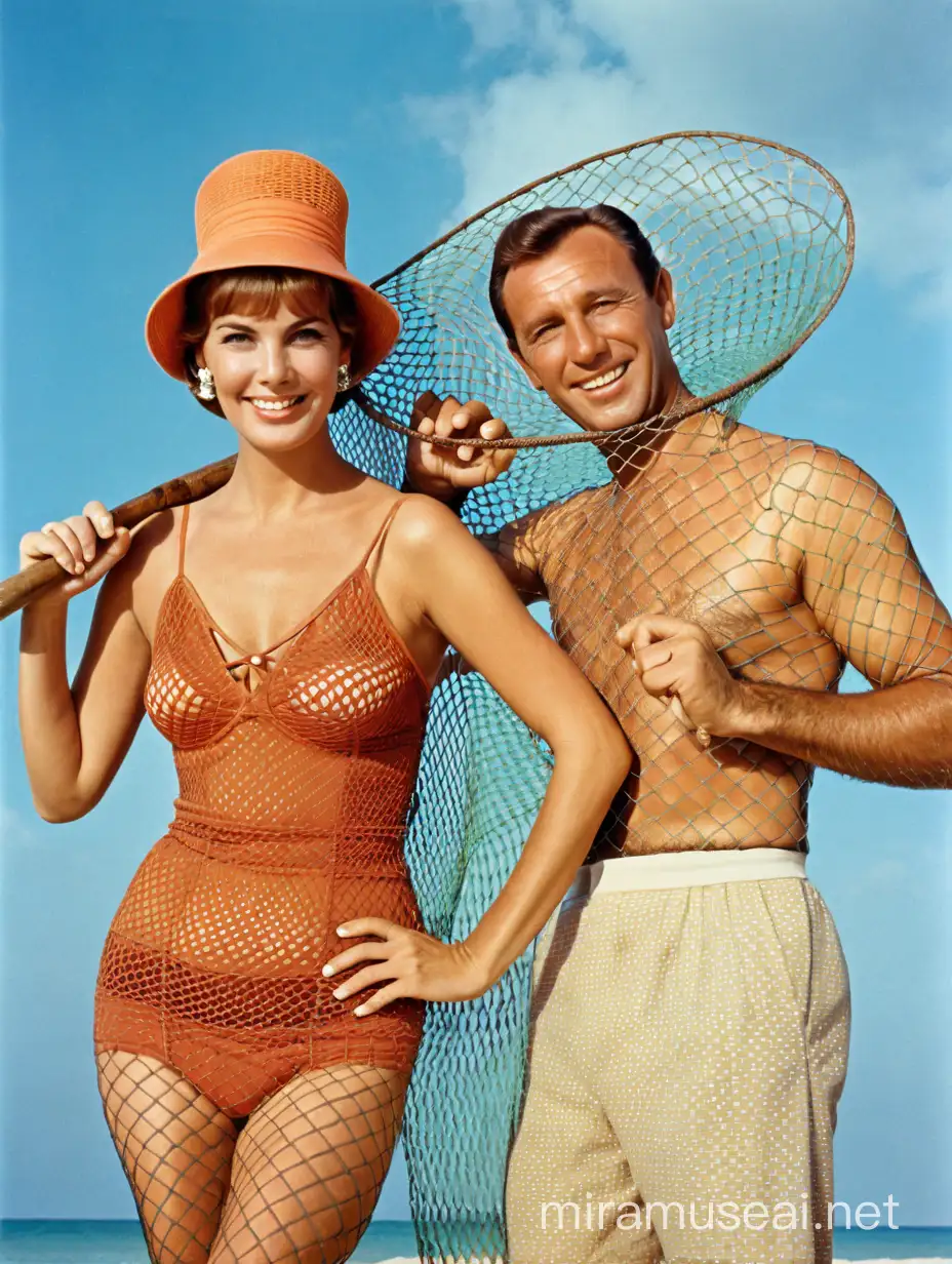 1960s fashion, smiling Caucasian couple 45 years old, male caught in fishnet, on beach, looking straight to camera, color photograph