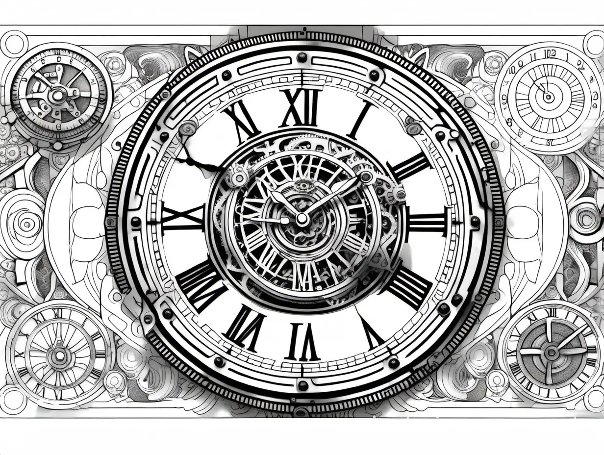 black and white linework, steampunk clockworks, with ((oversized ((extra bold)) clock hands)), intricate mechanism, with  Perfect composition golden ratio, masterpiece, best quality, 4k, sharp focus, symetrical border pattern left and right side, Coloring Page, black and white, line art, white background, Simplicity, Ample White Space. The background of the coloring page is plain white to make it easy for young children to color within the lines. The outlines of all the subjects are easy to distinguish, making it simple for kids to color without too much difficulty