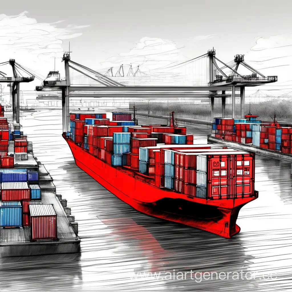 скетч, красный, торговое судно, современность, река, небо, контейнеры