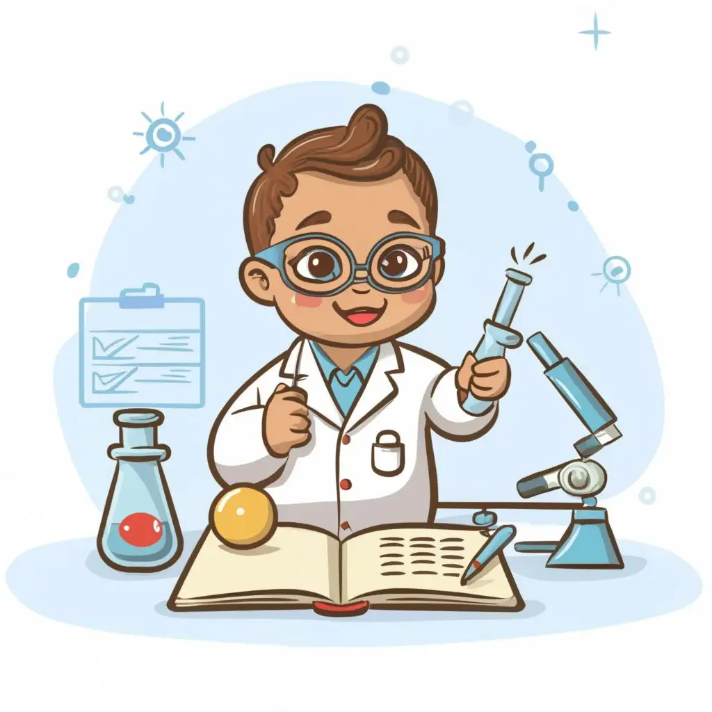 Generate a cartoon of a baby which is a scientist with white apron and glasses, with a small notebook, tracking actions
