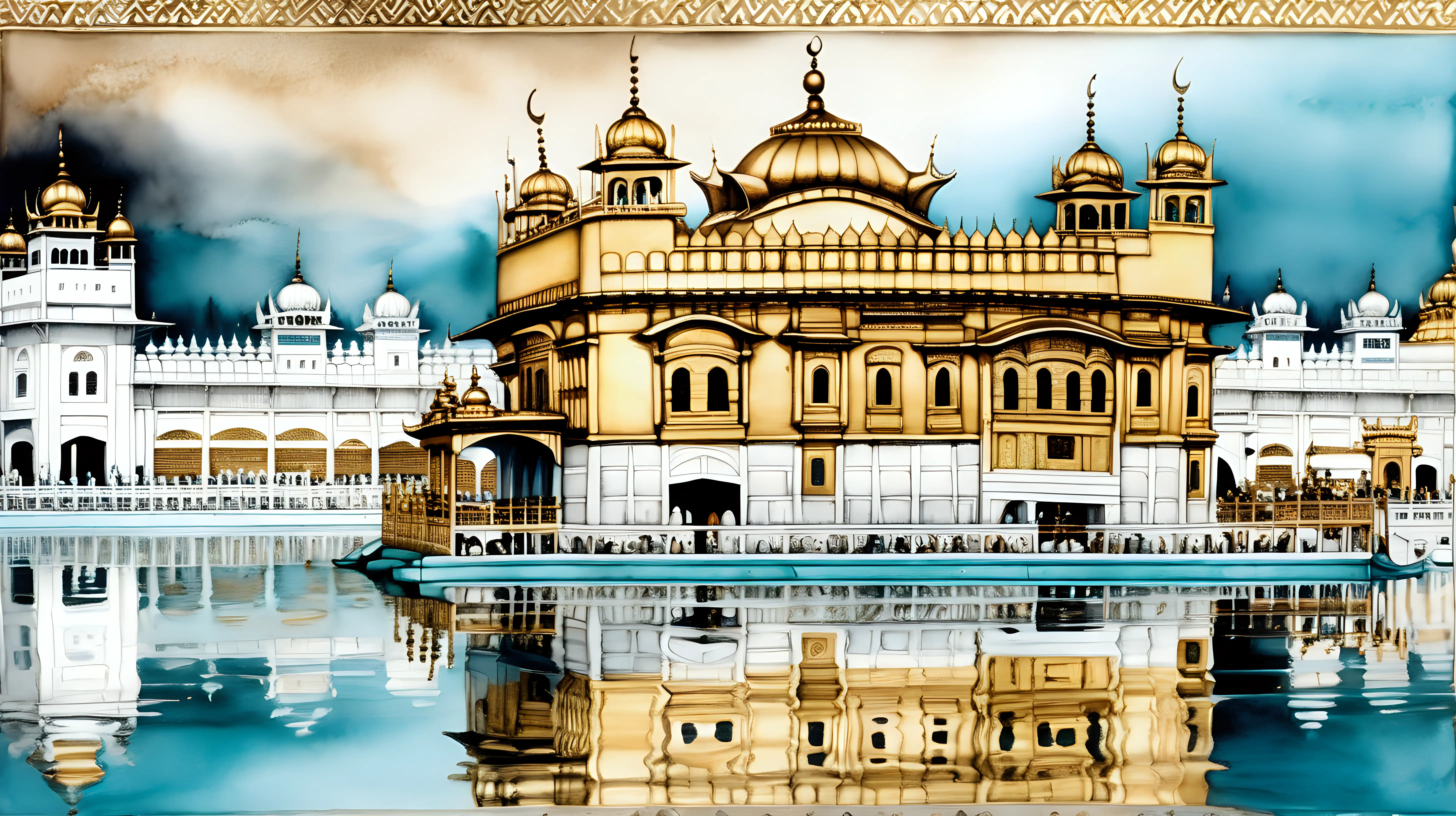 The Golden Temple, watercolor, intricate details, art landscape, colour scheme centred on vibrant cream, white, ochre, aqua against a stark black, black negative space, backdrop, chiaroscuro enhancing the intricate details, in a digital Rendering “v6”
