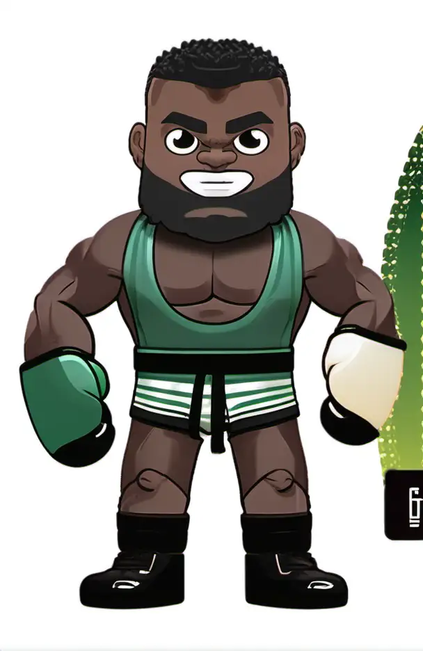 A Kawaii style plastic toy that resembles Francis Ngannou with a big head. Must have smiling face, cute big eyes, boxing gloves. Must have happy looking face.