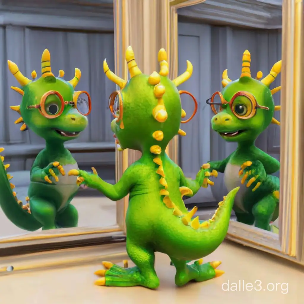  Милый ребенок дракона ярко-зелёного цвета с желтым гребнем на голове и спине стоит на задних лапах перед зеркалом. Ближе к зеркалу стоит мужчина в очках. Они смотрят в зеркало на свои отражения. Их видно со спины, а на нас смотрят их отражения. В стиле 3D рендер