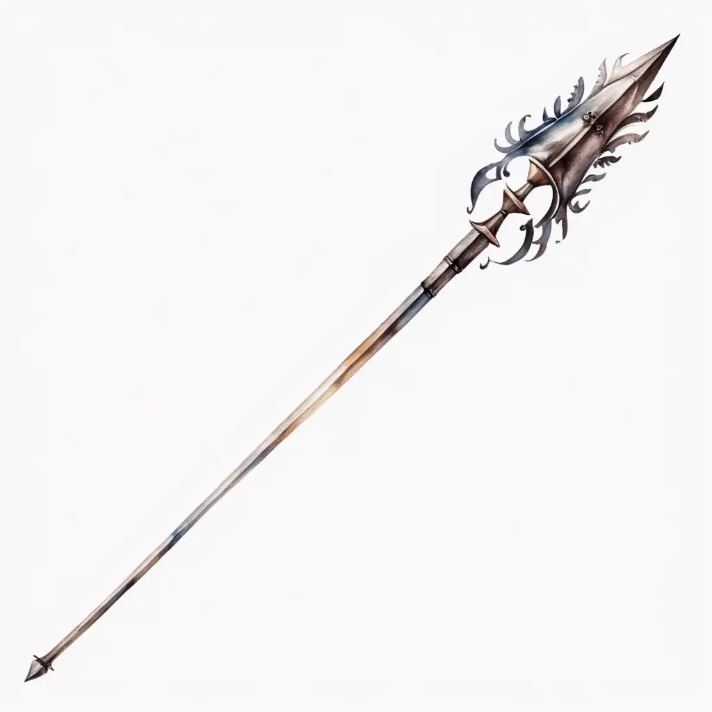 medieval long metal javelin weapon, dark watercolor drawing, no background