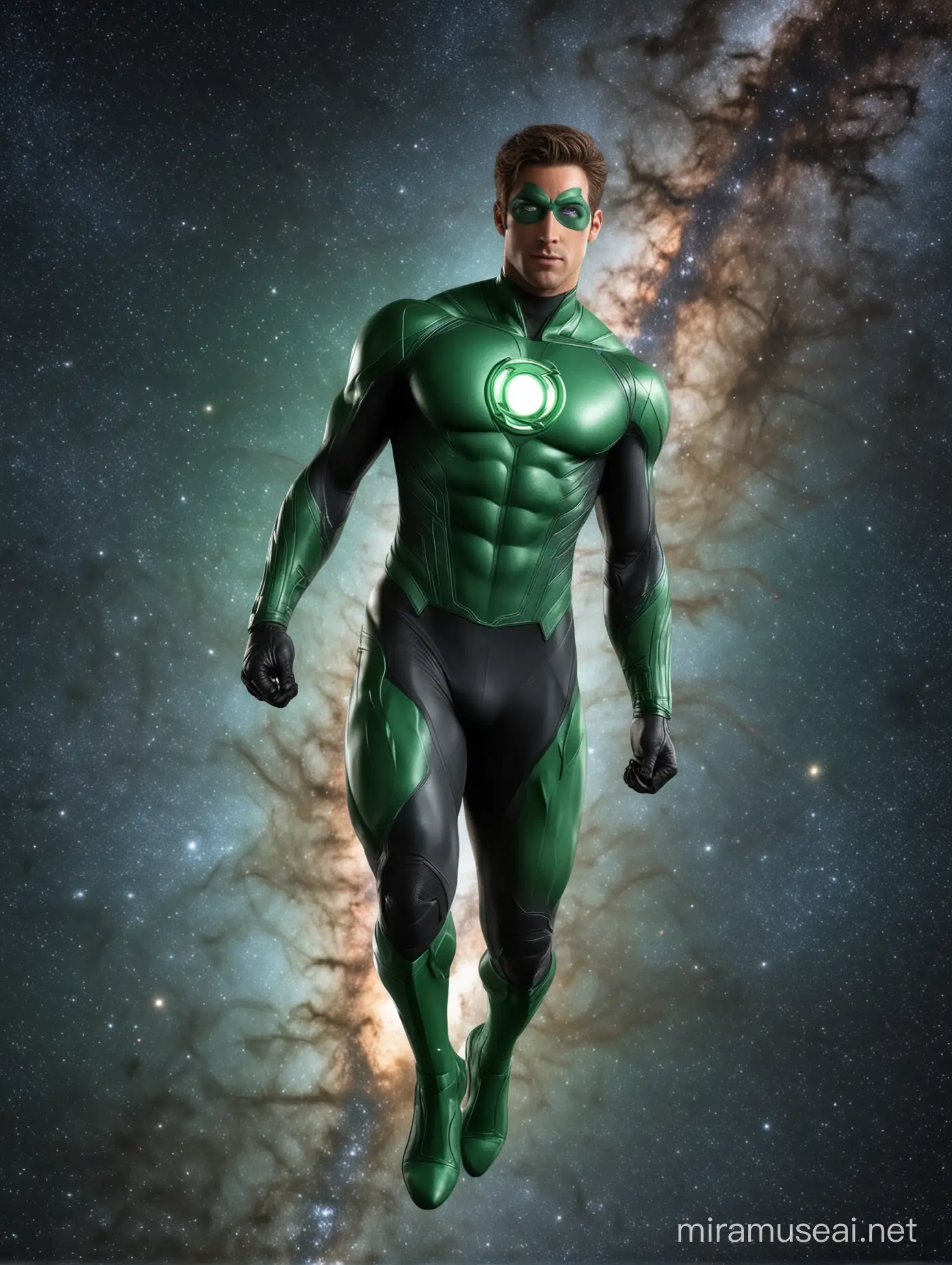 full Full body photorealistic ulra realism of picture of handsome hunky Green Lantern flying . Space and milky way as background