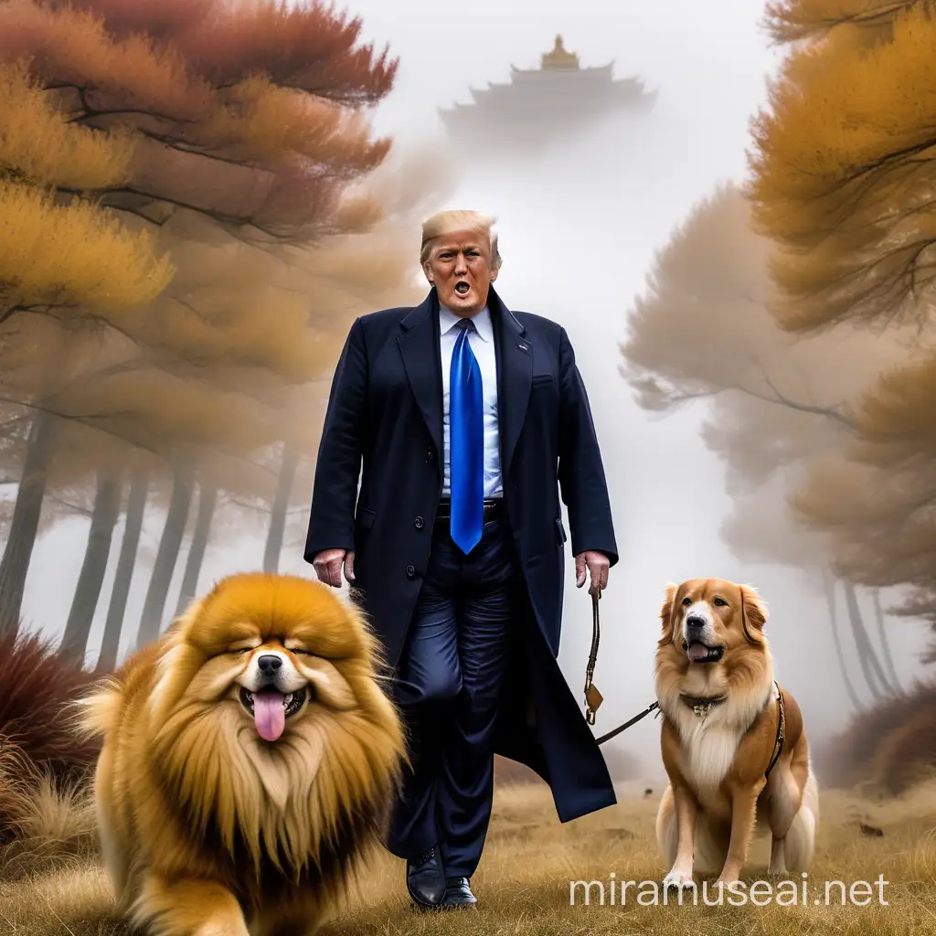 wideview, ultra detailed,65 years old real face donald trump  eating huge real look  durains  , wear brown lether coat,behind  him a strong tibet long golden fur dog fell down by durain strong smell ,show  of sharp teeth to chase him, dense grass forest, autumn, mist around,