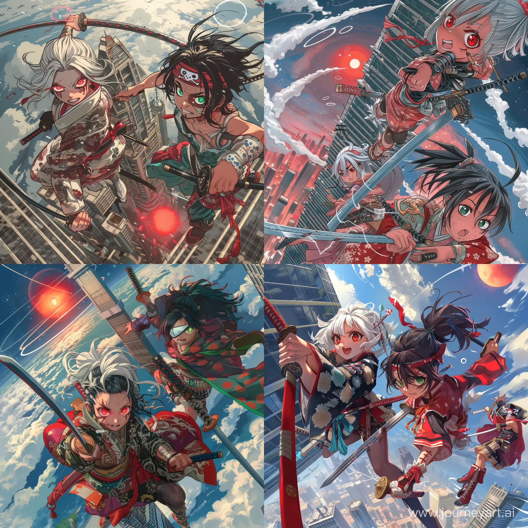 a samurai girl in a kimono with a katana and a wakizashi with white hair tied in a pigtail and red eyes fights to the death with a rebellious pirate girl with an eye patch of untied black hair and emerald eyes with a Spanish gladius in pirate clothes with a cape. both fight on top of a skyscraper almost in space where the clouds are just rings and the sun is red