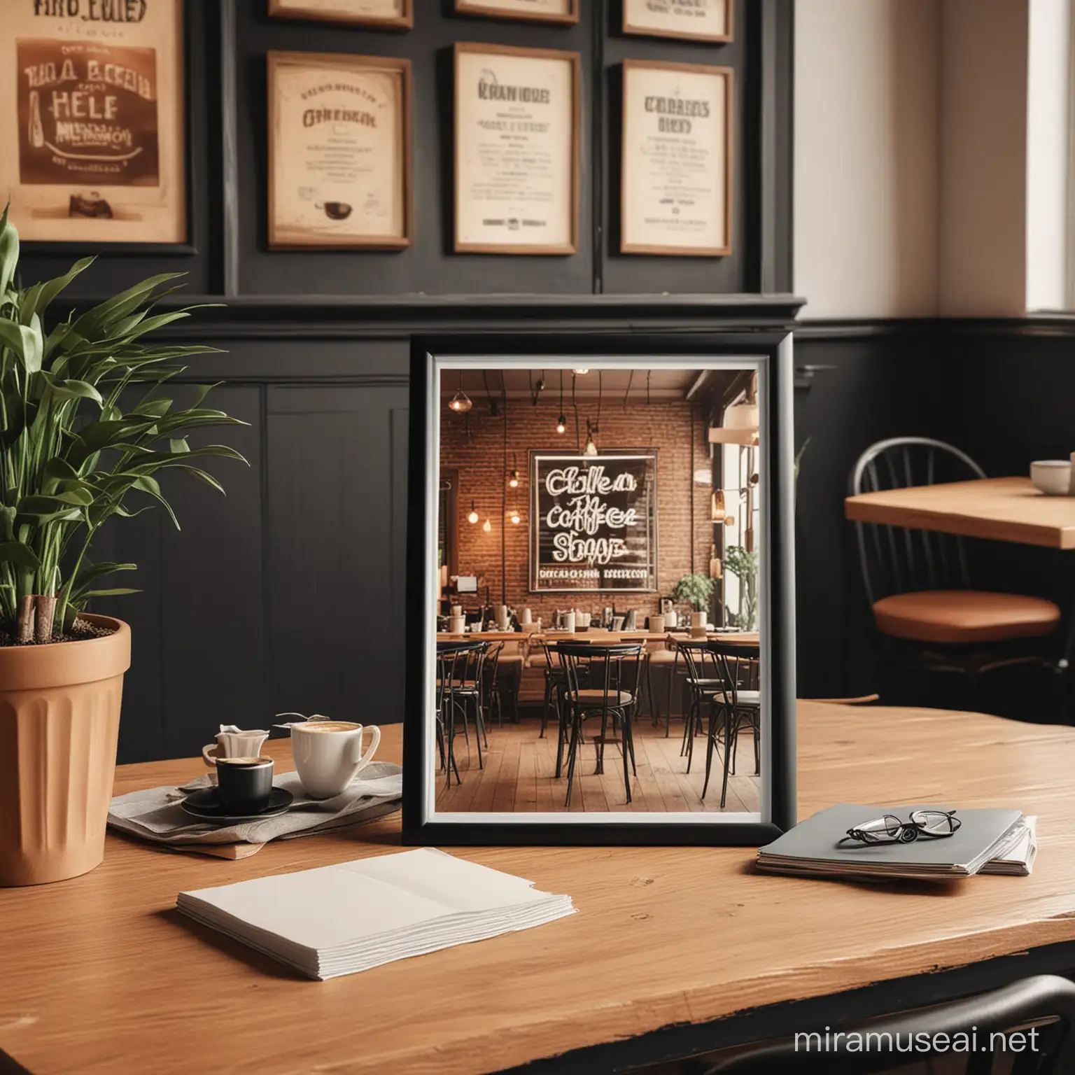 A4 black frame mockup on a table in a retro coffee shop