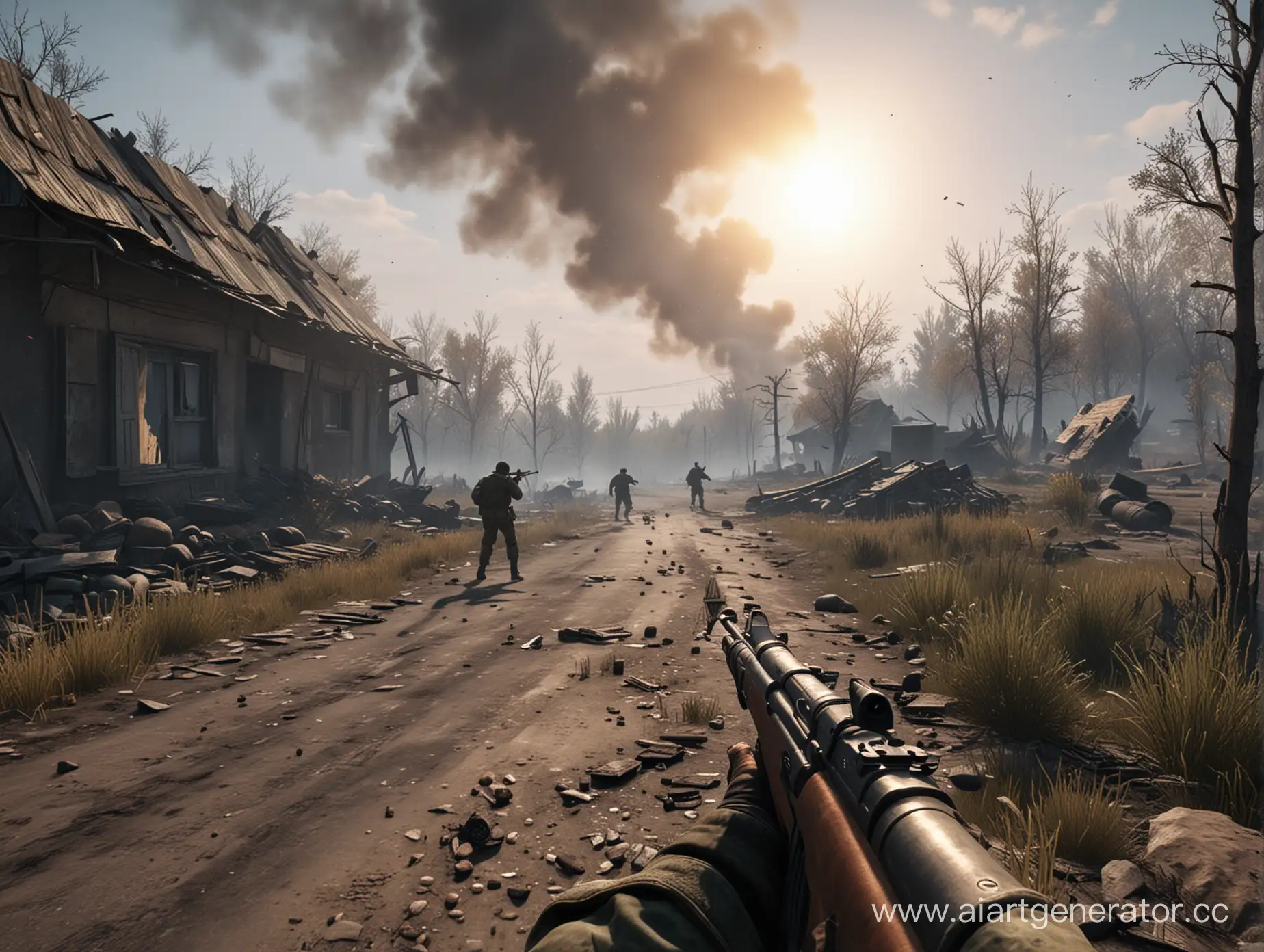 Создай скриншоты игры о войне на Донбассе, от первого лица, солдат ведёт перестрелку с противником, используя Автомат Калашникова 