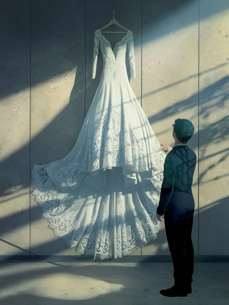 Elegant Bride in a Dressing Room Admiring Her Wedding Gown