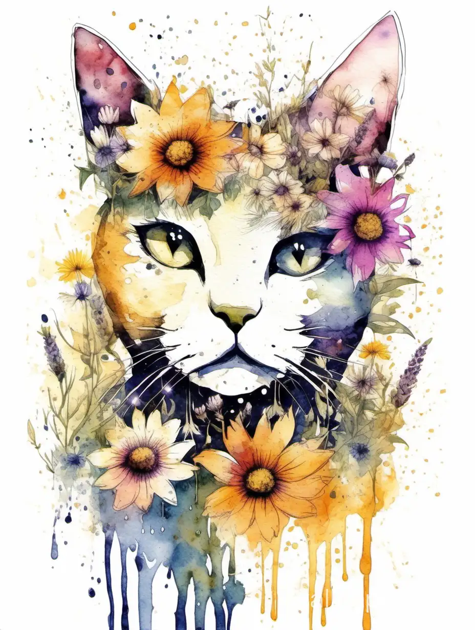 flower pattern, wildflowers, head cat silhouette, dripping watercolor,