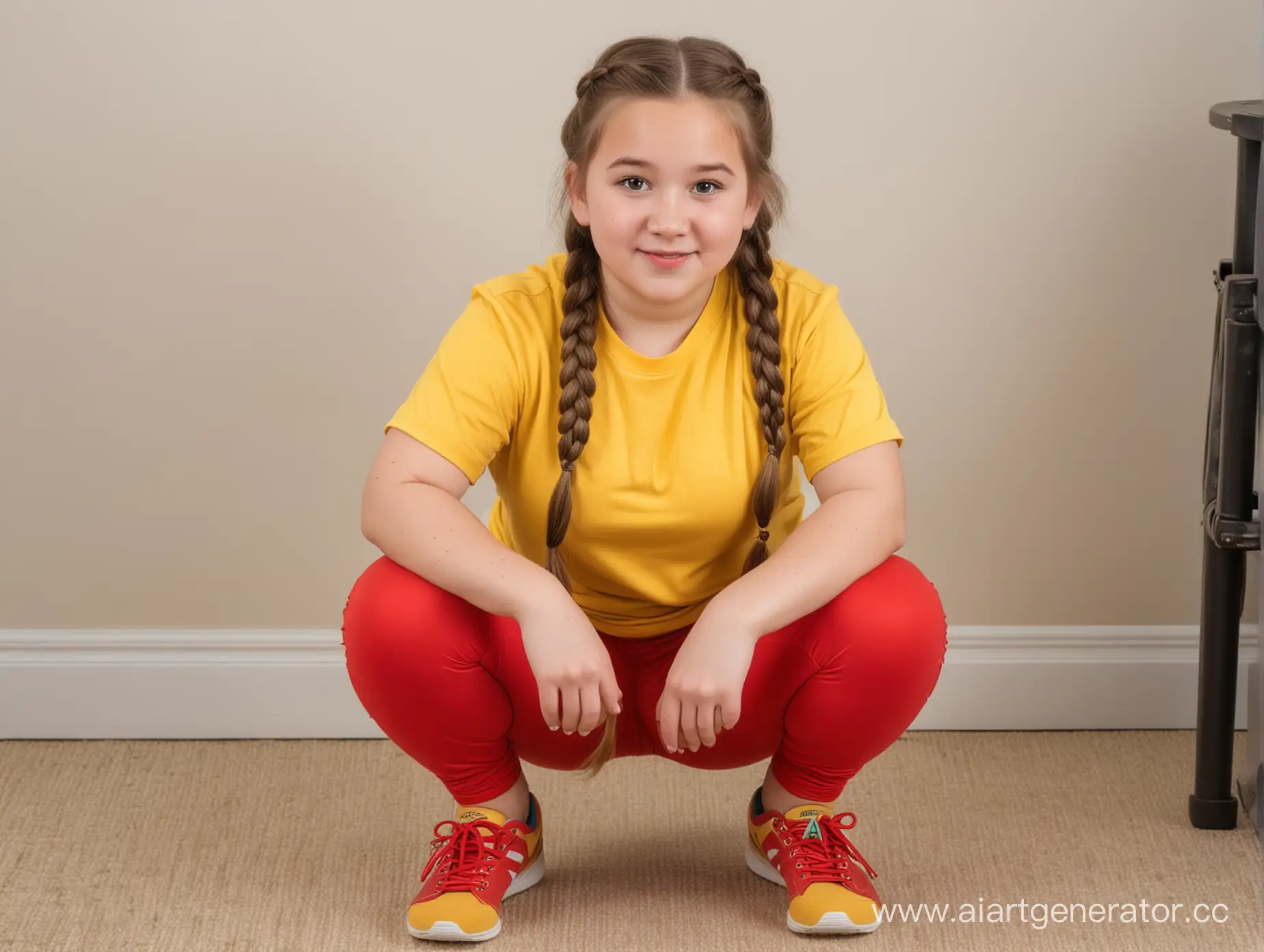 Adorable-Chubby-Girl-with-Braids-Squatting-in-Red-Leggings-and-Yellow-TShirt