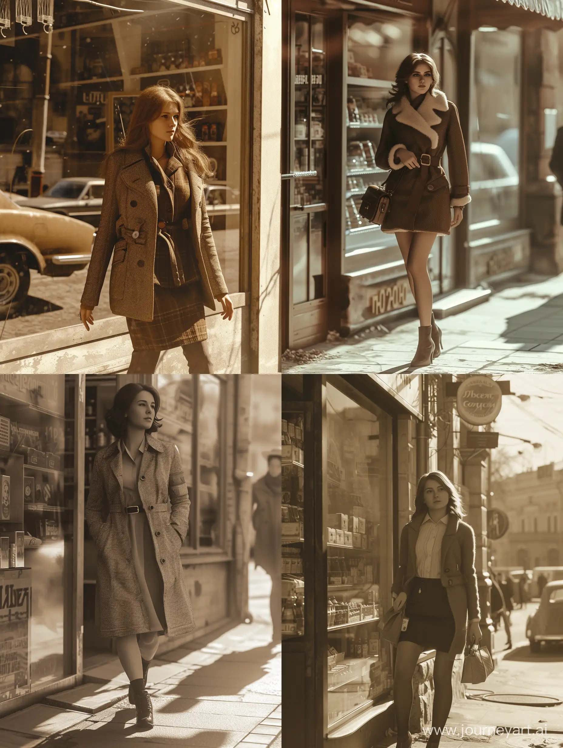 Moscow street in 1970-s, pretty russian female 
walking from the shop, detail face, high detail,bright voluminous sunlight,ultrarealistic,photorealistic,grainy and noisy, sepia,Vray style, deep focus