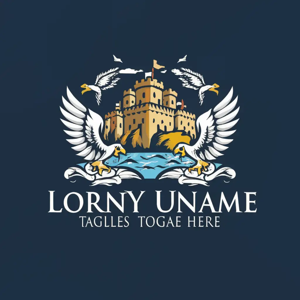 a logo design,with the text "Echoes of the past", main symbol:A castle facing the sea with eagles flying around it.,Moderate,be used in Travel industry,clear background