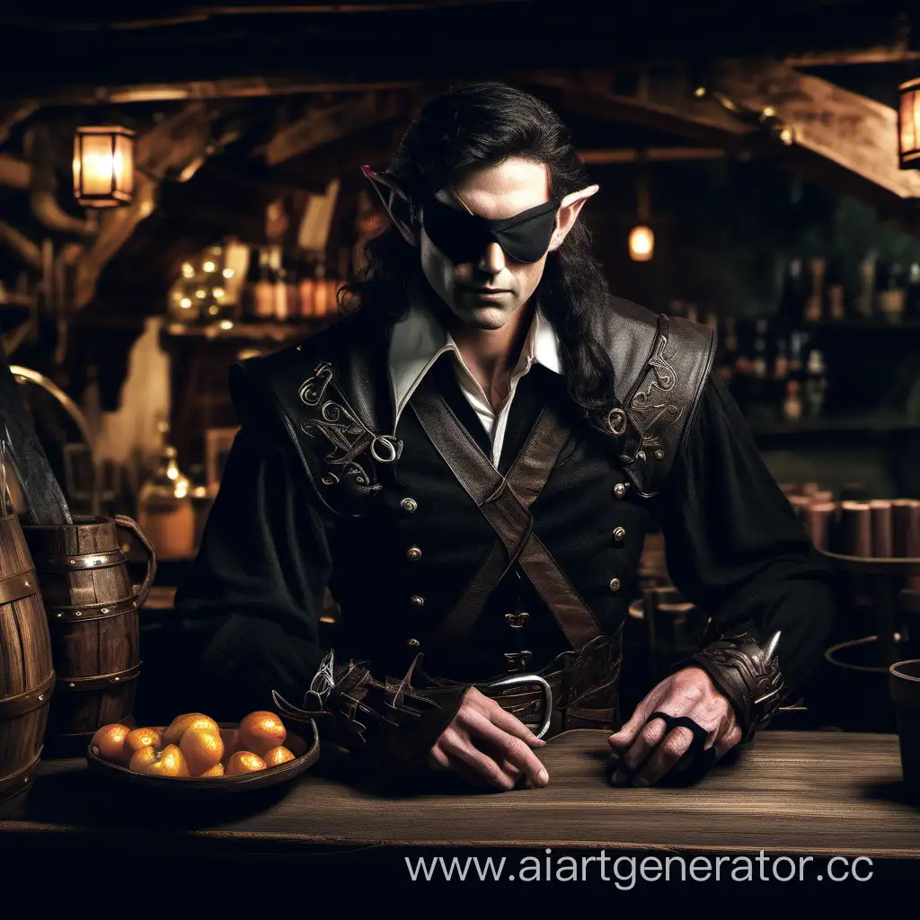 elf in dark clothes with eyepatch in tavern
