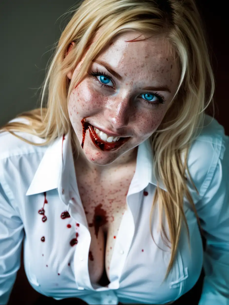 Blonde-Woman-with-Enigmatic-Smile-and-Blood-Stains-on-Face