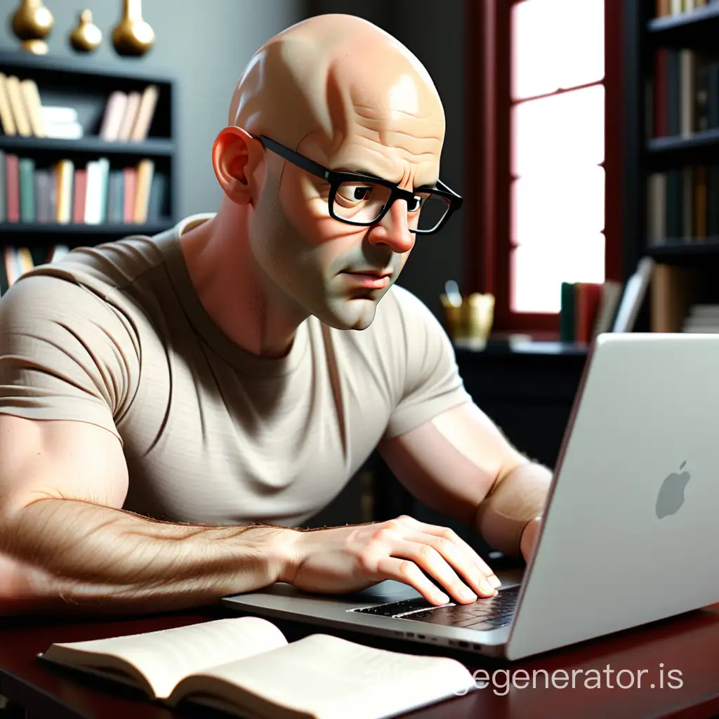 a semi bald man is blogging on a laptop while writing in a book
