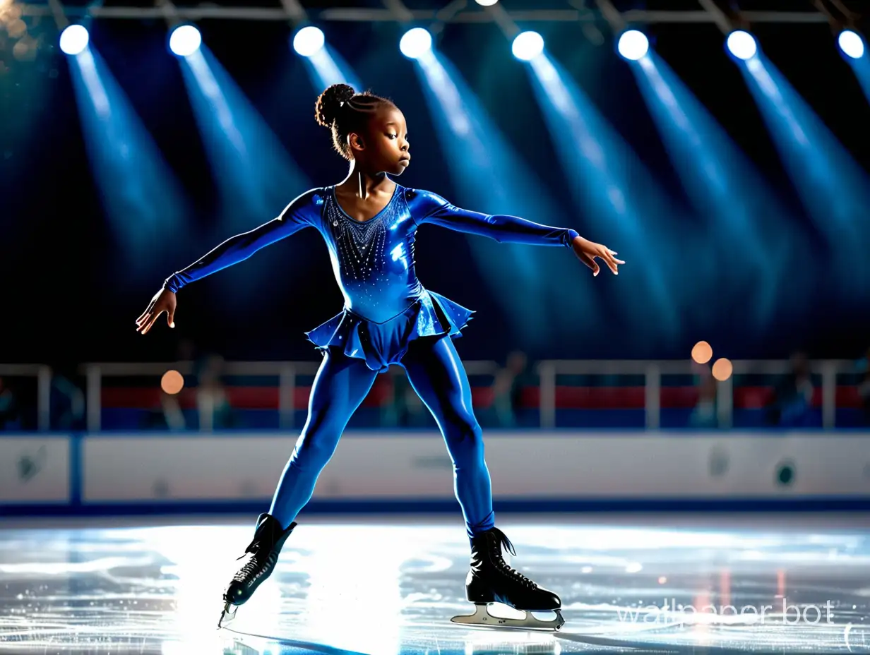 13-year-old African girl, a figure skater in a magnificent blue athletic bodysuit on the rink under the spotlight, romanticism