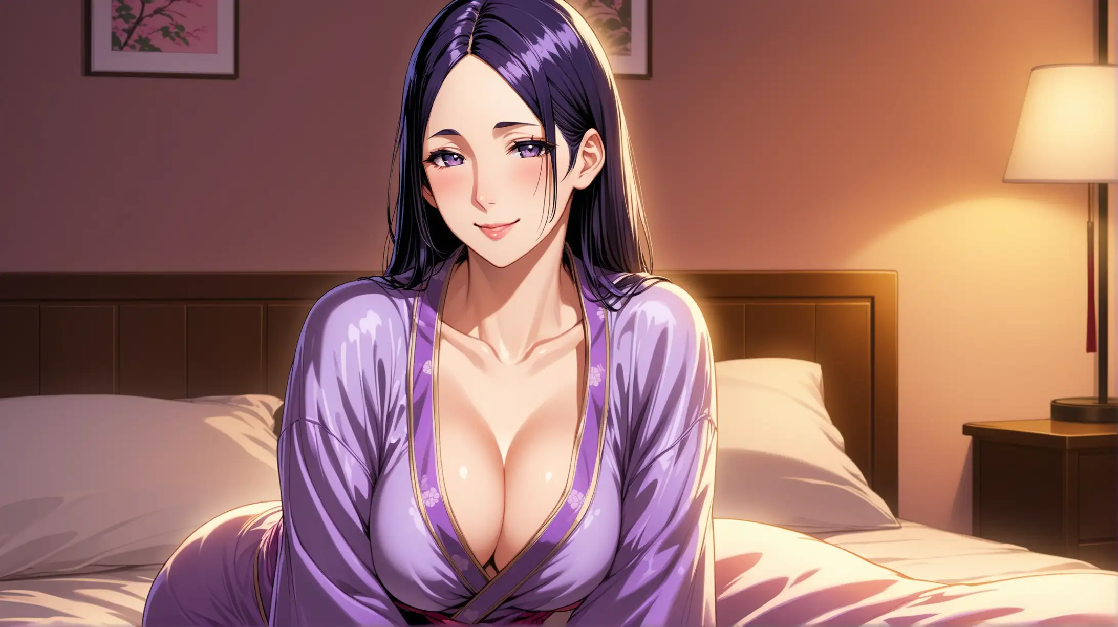 Draw the character Minamoto no Raikou, high quality, ambient lighting, long shot, indoors, bedroom, seductive pose, wearing nightwear, smiling at the viewer