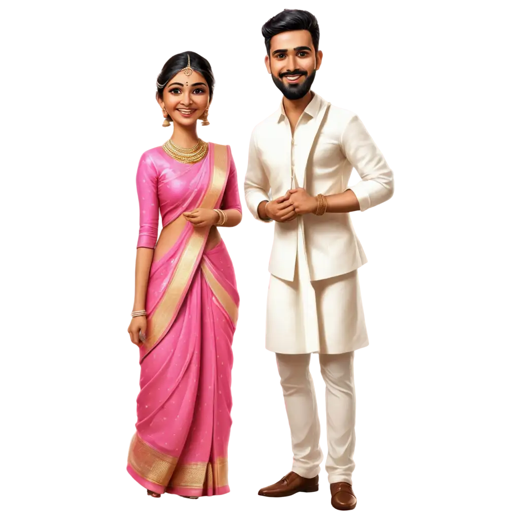 south indian wedding caricature in pinkish outfit of bride in saree and groom in lungi Akshay 