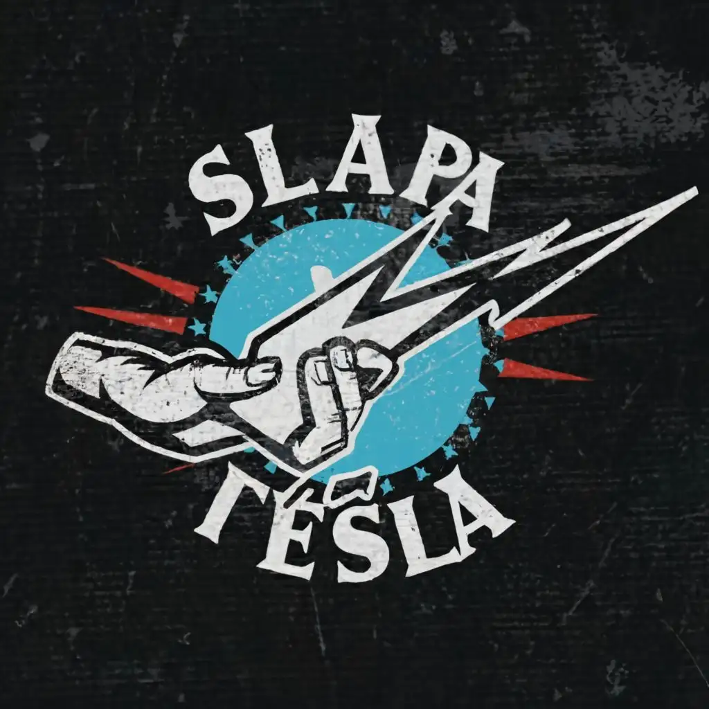 logo, Lighting Bolt Car hand, with the text "Slap A Tesla", typography