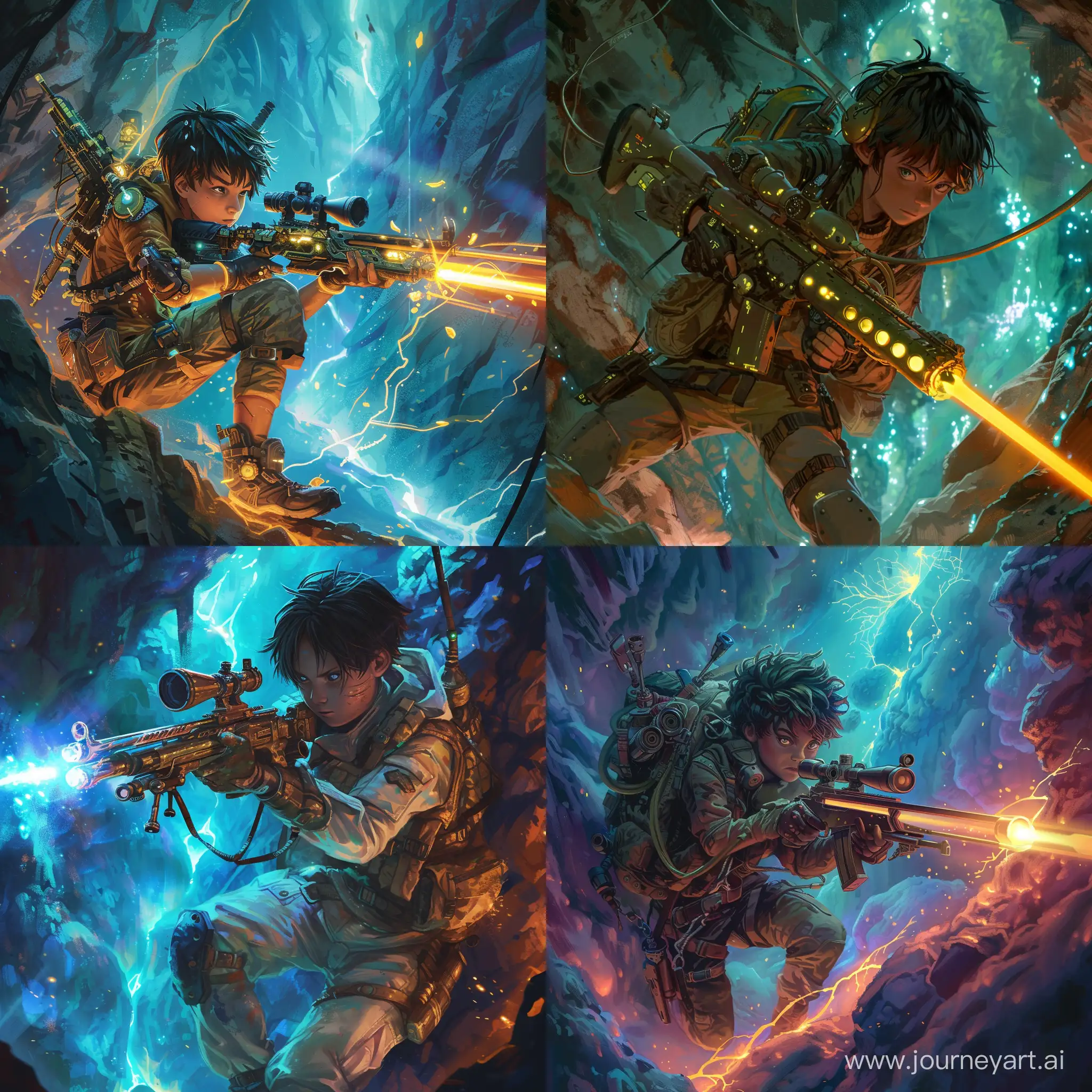 A 13-year-old cave raider with a stylistic rifle, exploring a luminous abyss. Capture his youthful determination and the mystical allure of the abyss in a detailed, anime-inspired style. Focus on his adventurous spirit, the intricate design of his gear and rifle, and the glowing, mysterious environment around him. Aim for a dynamic, high-resolution image that blends realism with fantasy, showcasing the boy ready for the depths below.