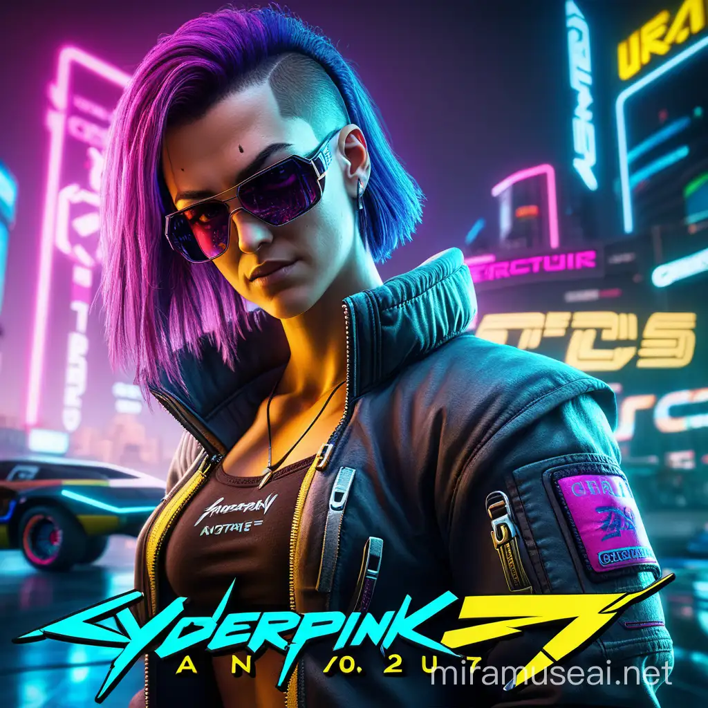create a cyberpunk 2077 tribute poster. unreal engine 5. cinematic lighting. ray tracing. deep colors and deep shadows. rule of threes. bokeh effect