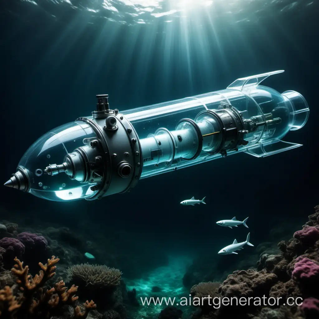 Небольшая прозрачная подводная лодка в форме ракеты, измеряющая чистоту воды и фотографирующая окружающую среду.