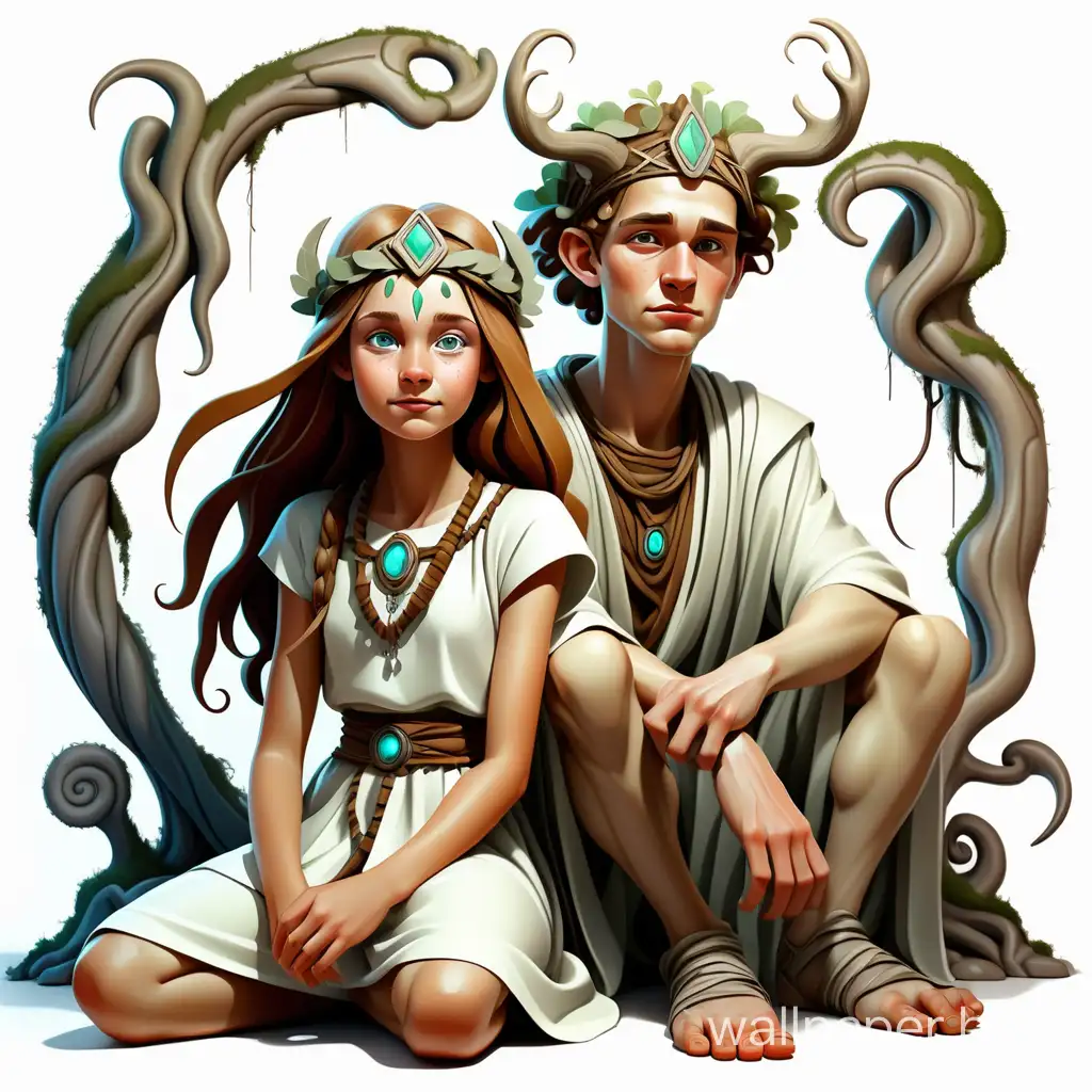 surrealism art, illustration, light transparent color contour graphics. Realistik 7 years Druid- young girl and young man sitting on the floor with a slight smile. Costume. Clarity, sharpness. White background. high quality. high detail.