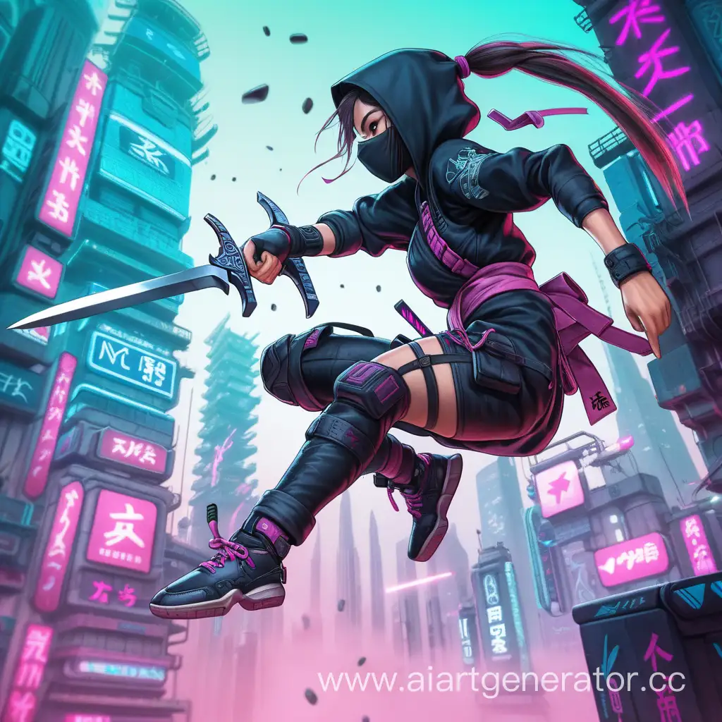 Cyberpunk-Ninja-Girl-Leaping-with-Kunai-Futuristic-Action-Art