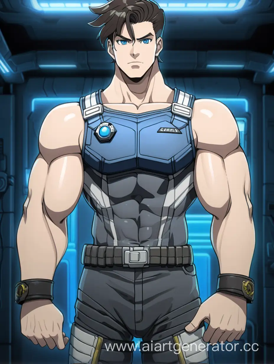 Космический офицер, парень 18 лет, стоит в тёмной комнате, мускулистый стиль аниме Jo-Jo. Глаза голубые, широкие плечи, тёмные волосы.