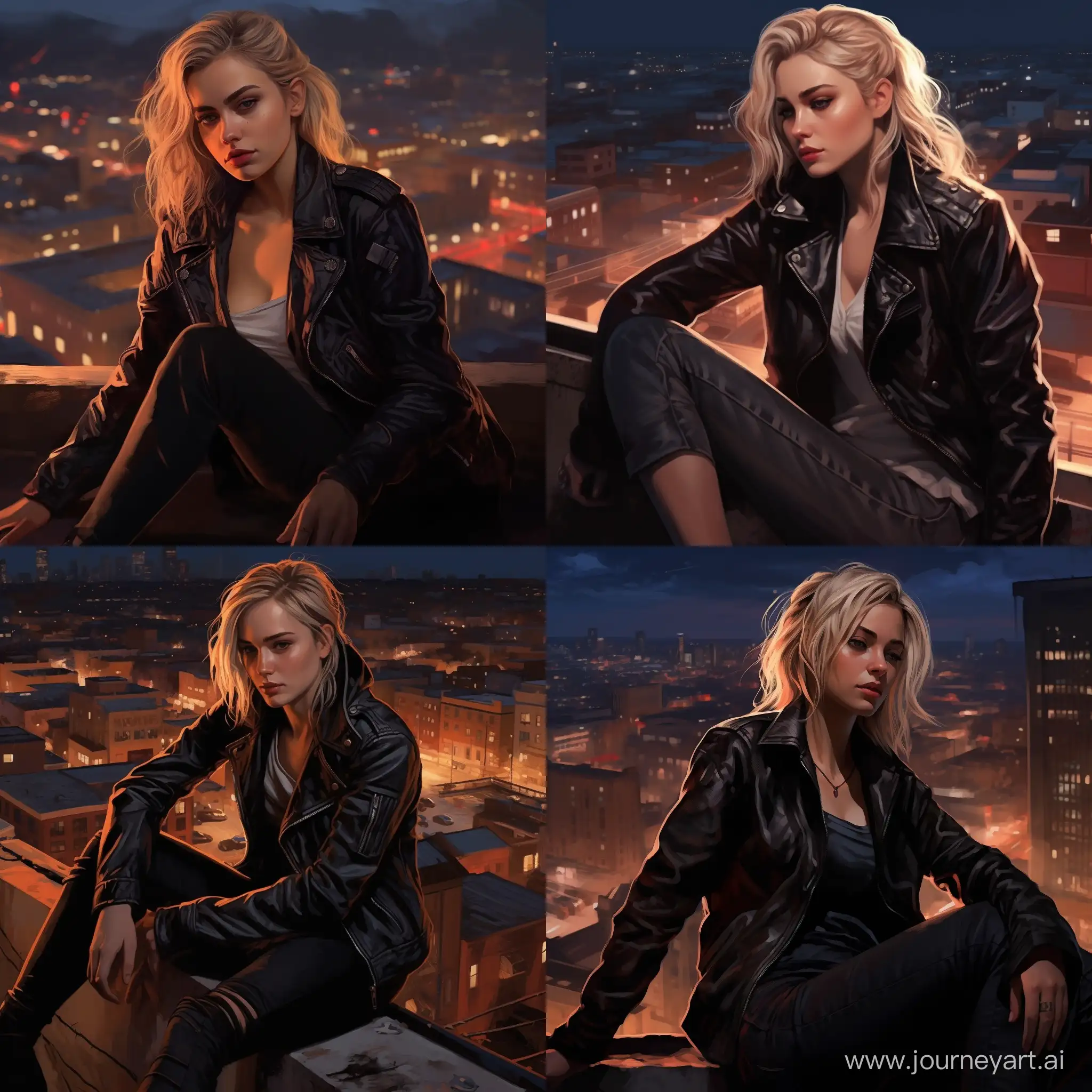 1 girl, brown eyes, (blonde hair in a ponytail), leather jacket, jeans. smoking on the roof, sitting on the floor. on the background of the city at night, leather jacket, jeans. smoking on the roof, sitting on the floor. against the backdrop of the city at night. realism, adult girl, shadows and signs of the city at night