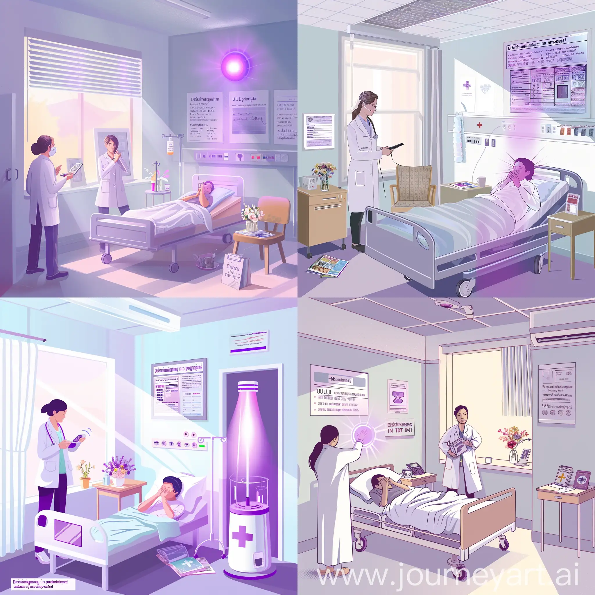 背景：医院病房内部，有一张病床、床头柜和一把椅子。墙上挂着一些医疗相关的图表和提示牌。

主要元素：

紫外线消毒灯：在图片的一角，可以看到一个紫外线消毒灯的轮廓，它的灯管发出紫色的光线。
护理人员：一名穿着护士服的护理人员站在病房门口，她正操作着一个遥控器，表情专注。
病人：在病床上躺着一位病人，用手臂遮挡眼睛，表情显示出不适。
医生：一位穿着白大褂的医生正在向病人解释情况，旁边放着一些医疗文件和紫外线消毒的说明书。
细节：

病房的窗户半开着，阳光透过窗户洒进来，与紫外线灯的光线形成对比。
病房内有一些小物件，如水杯、花束和一本杂志，这些细节增加了场景的真实感。
在床头柜上，有一张“消毒进行中，请勿进入”的警示牌。
色彩与光影：

病房的整体色调以白色和淡蓝色为主，营造出清洁、宁静的氛围。
紫外线灯发出的紫色光线在画面中形成鲜明的对比，突出其重要性。
光影的处理要体现出紫外线灯的强烈照射效果，同时也要表现出病房内温馨的氛围。