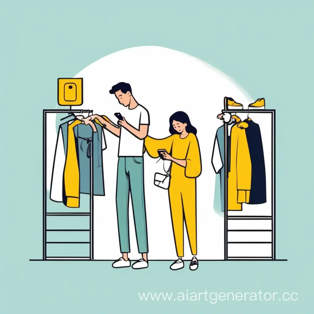 Illustration in a cartoon minimalist style, where a person chooses clothes using a phone