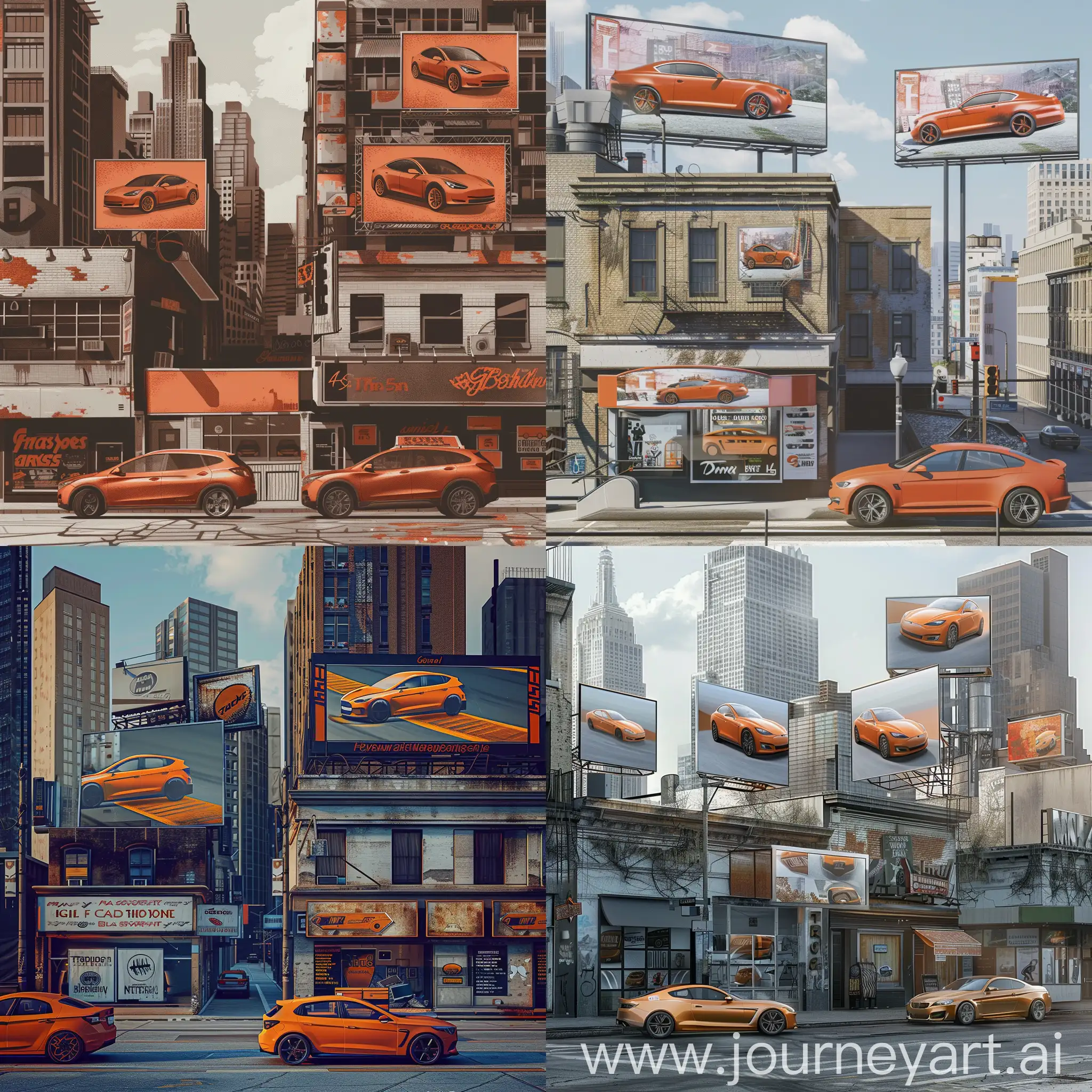 Generate an realistic image of a city with building with builboard, car shop with a window and a car all with a same graphic of a car in orange color