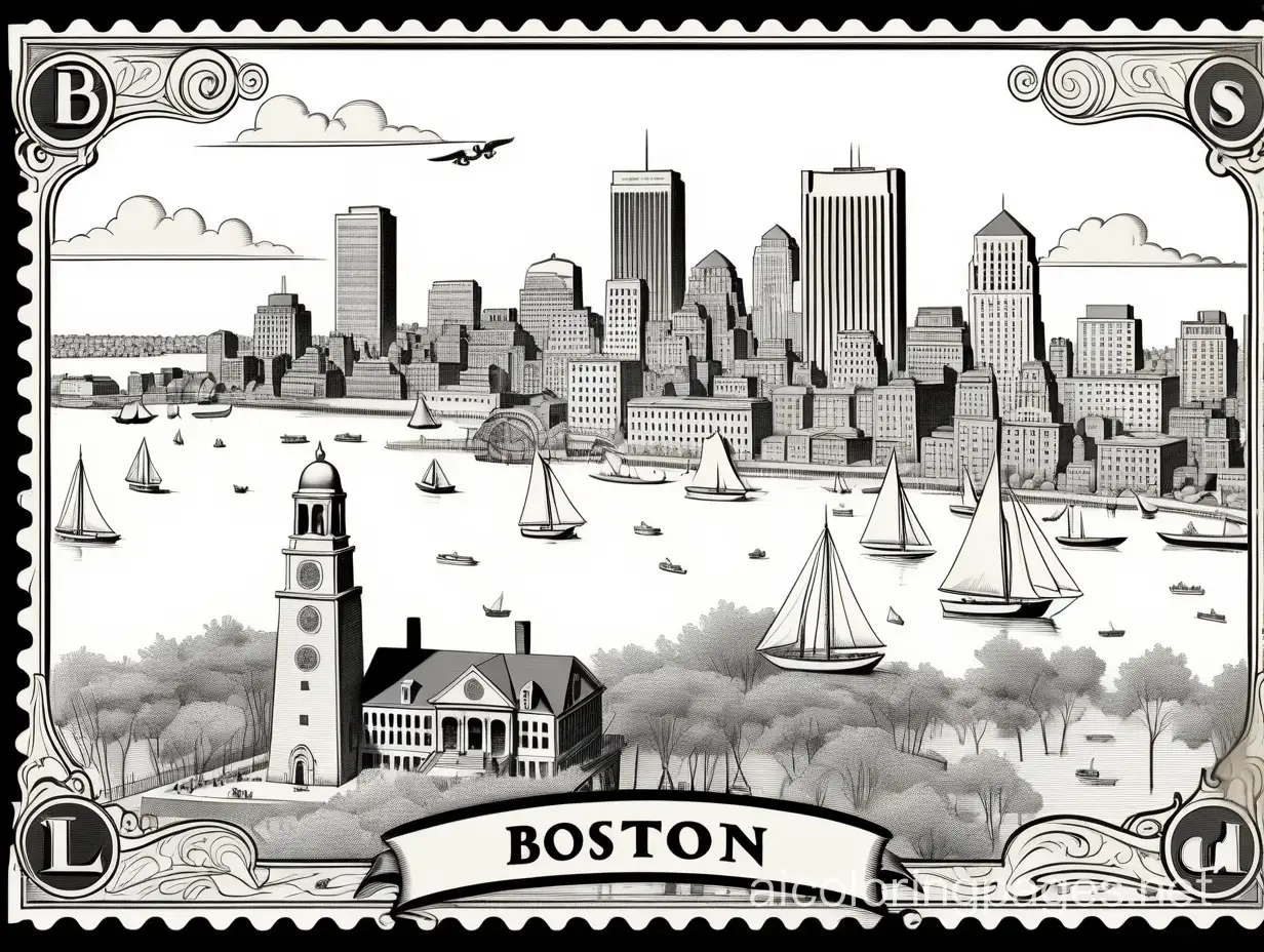 vintage old looking Massachusetts vacation post card with a postage stamp and showing Boston city skyline, Coloring Page, black and white, line art, white background, Simplicity, Ample White Space. The background of the coloring page is plain white to make it easy for young children to color within the lines. The outlines of all the subjects are easy to distinguish, making it simple for kids to color without too much difficulty