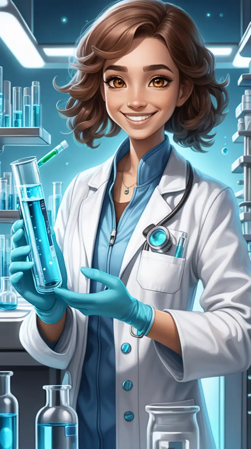 Joyful Female Scientist in Futuristic BlueThemed Lab with Test Tube