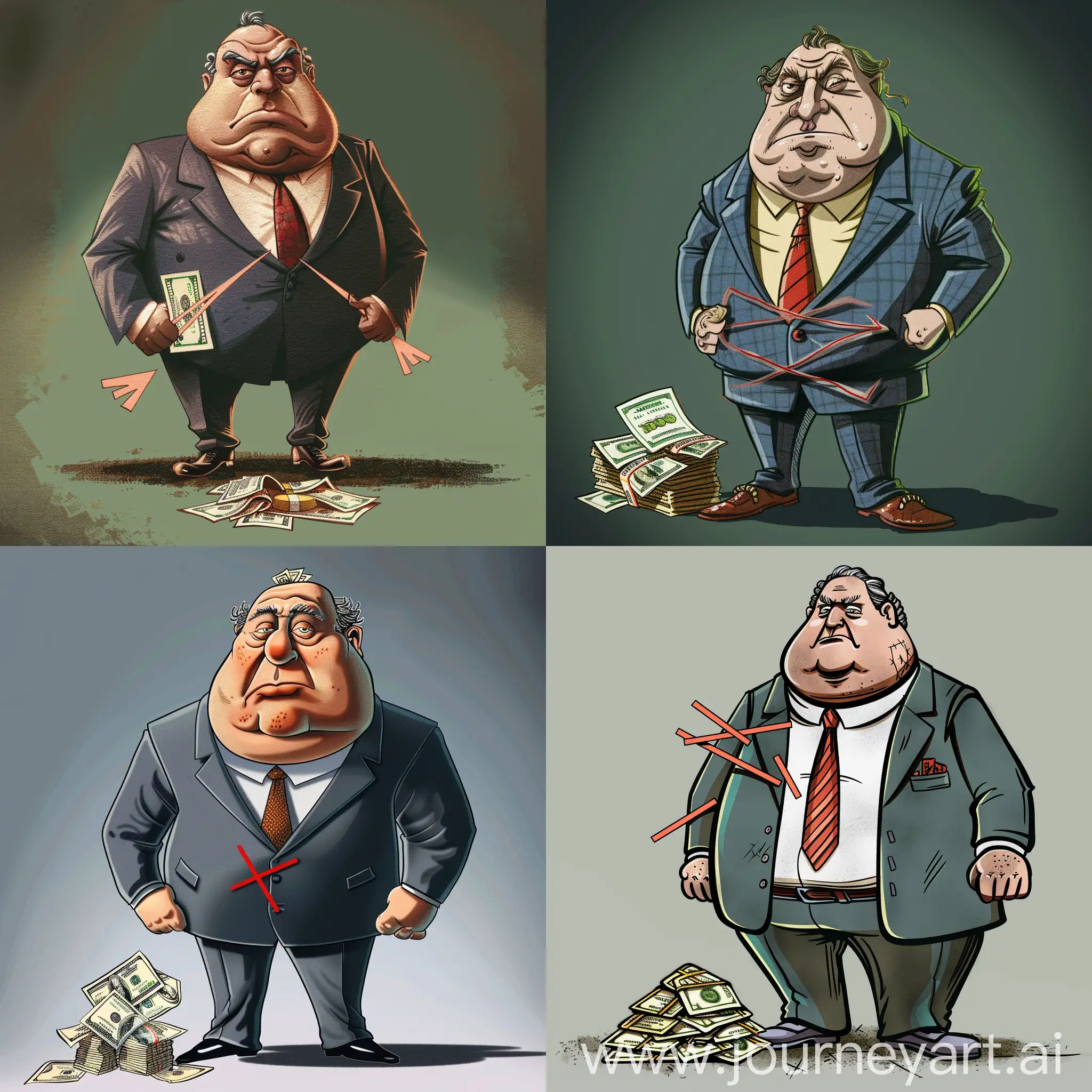 hässlicher, dicker Mann in einem Anzug mit einem durchgestrichenen Geldhaufen neben sich als Karikatur