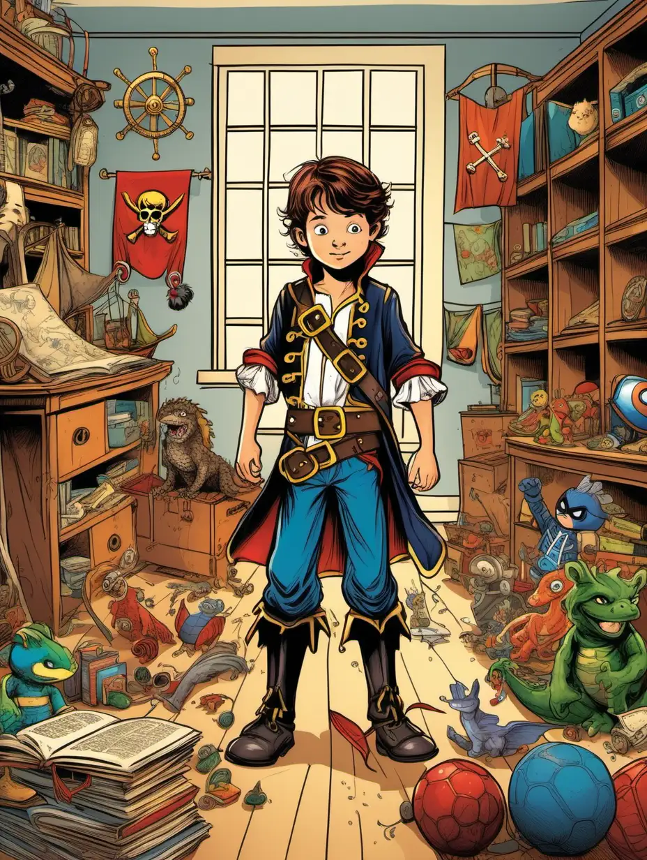 Boy Max in a pirate costume in a room with clothes, toys and books. Things are scattered on the floor, and posters of superheroes and dragons hang on the walls.. storybook illustration,
 color