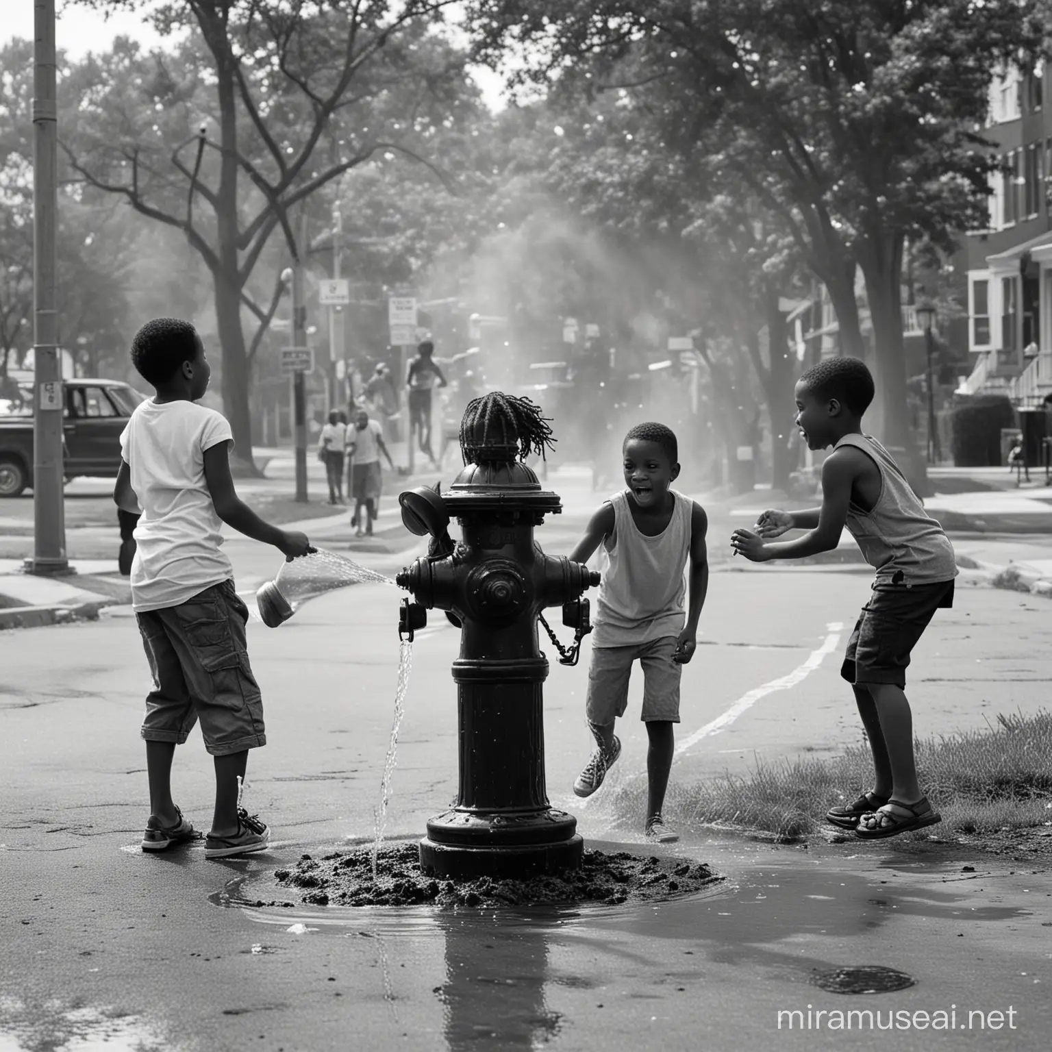 Joyful Black Children Playing in Fire Hydrant Spray